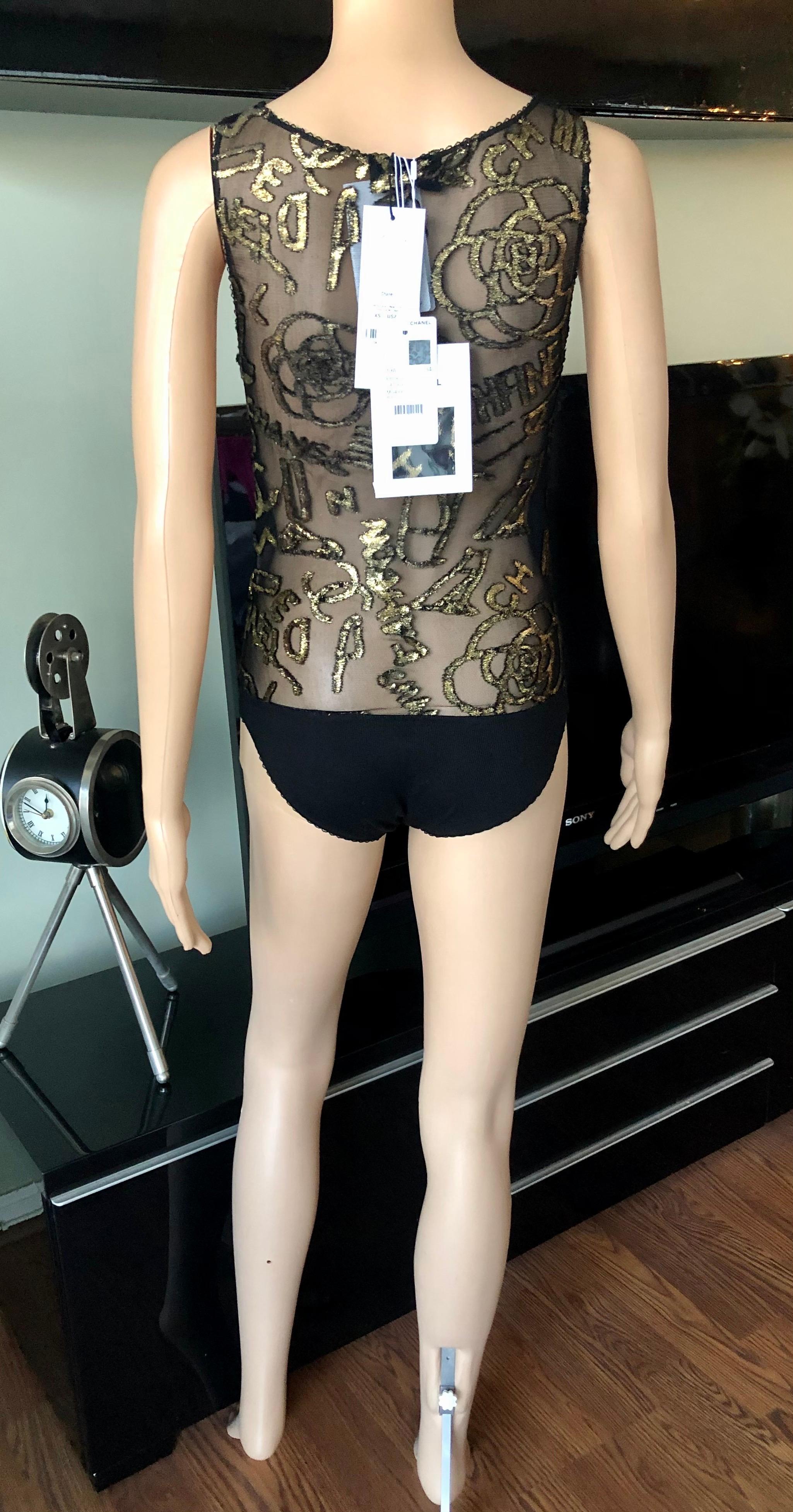 Neu Chanel Monogramm CC Logo schiere Mesh Bodysuit Top 1
