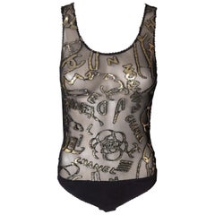 New Chanel Monogram CC Logo Sheer Mesh Bodysuit Top