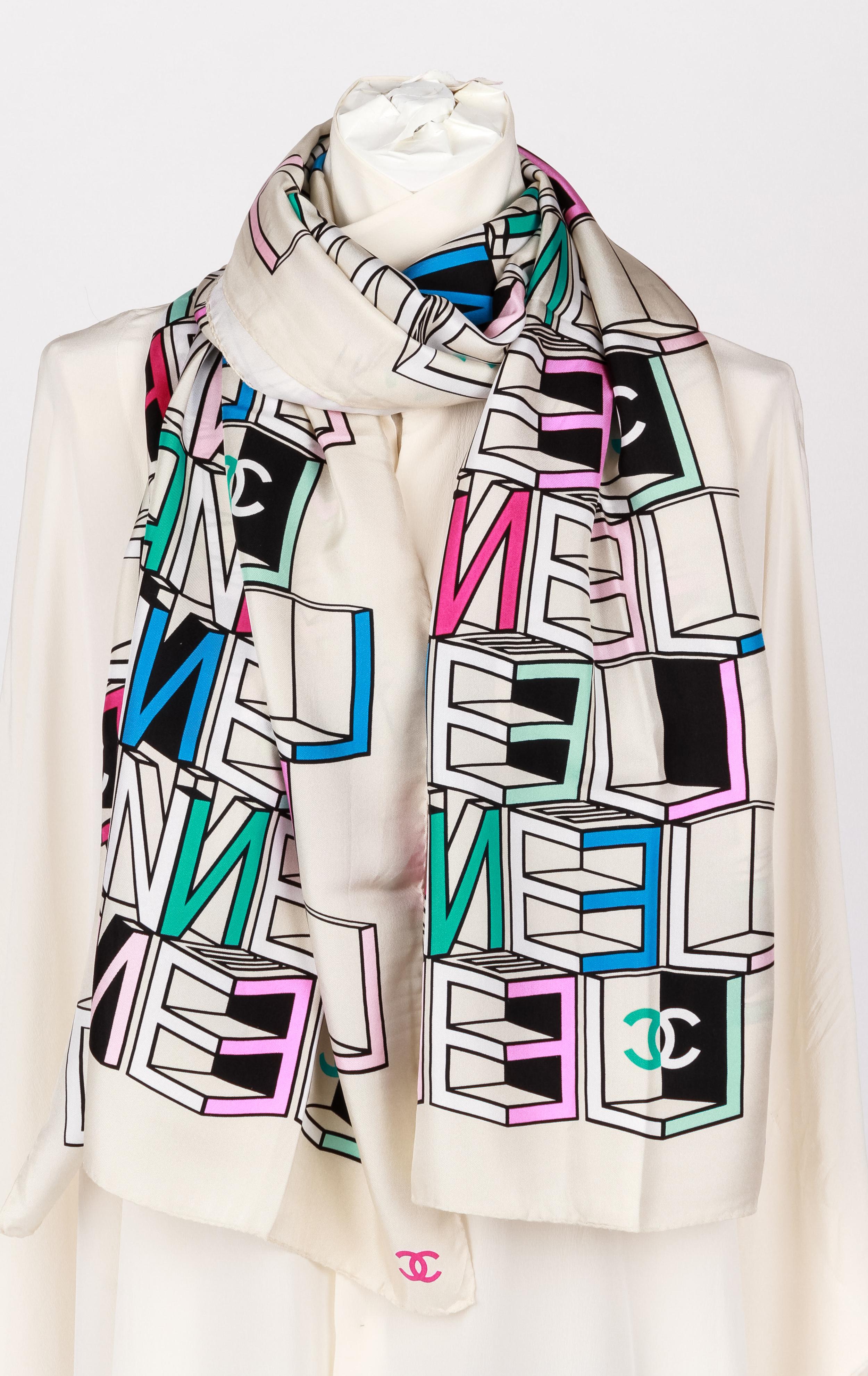 New Chanel Multi Color Logo CC Silk White Shawl In New Condition In West Hollywood, CA