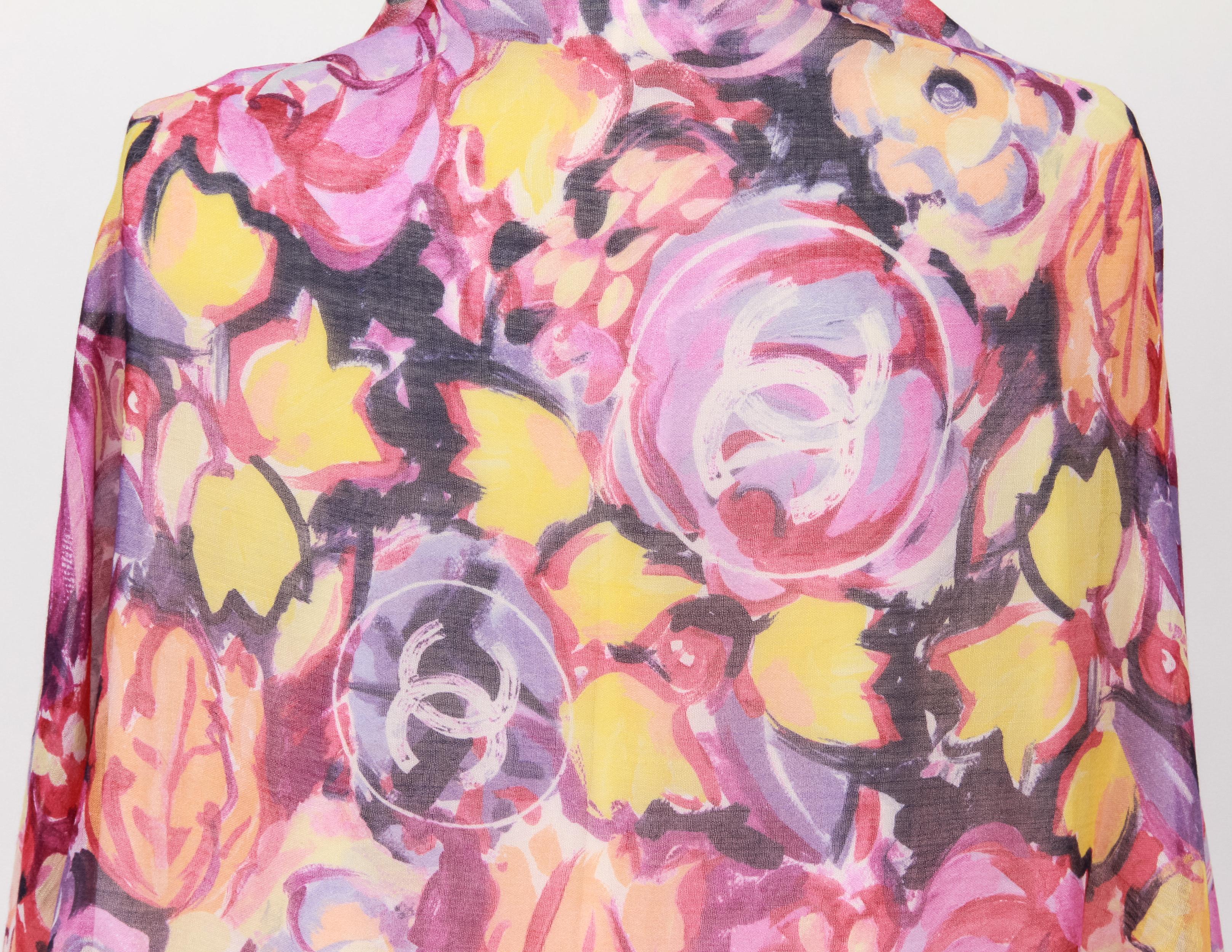 New Chanel Multicolor Camellia Cashmere Silk Shawl Scarf For Sale at ...