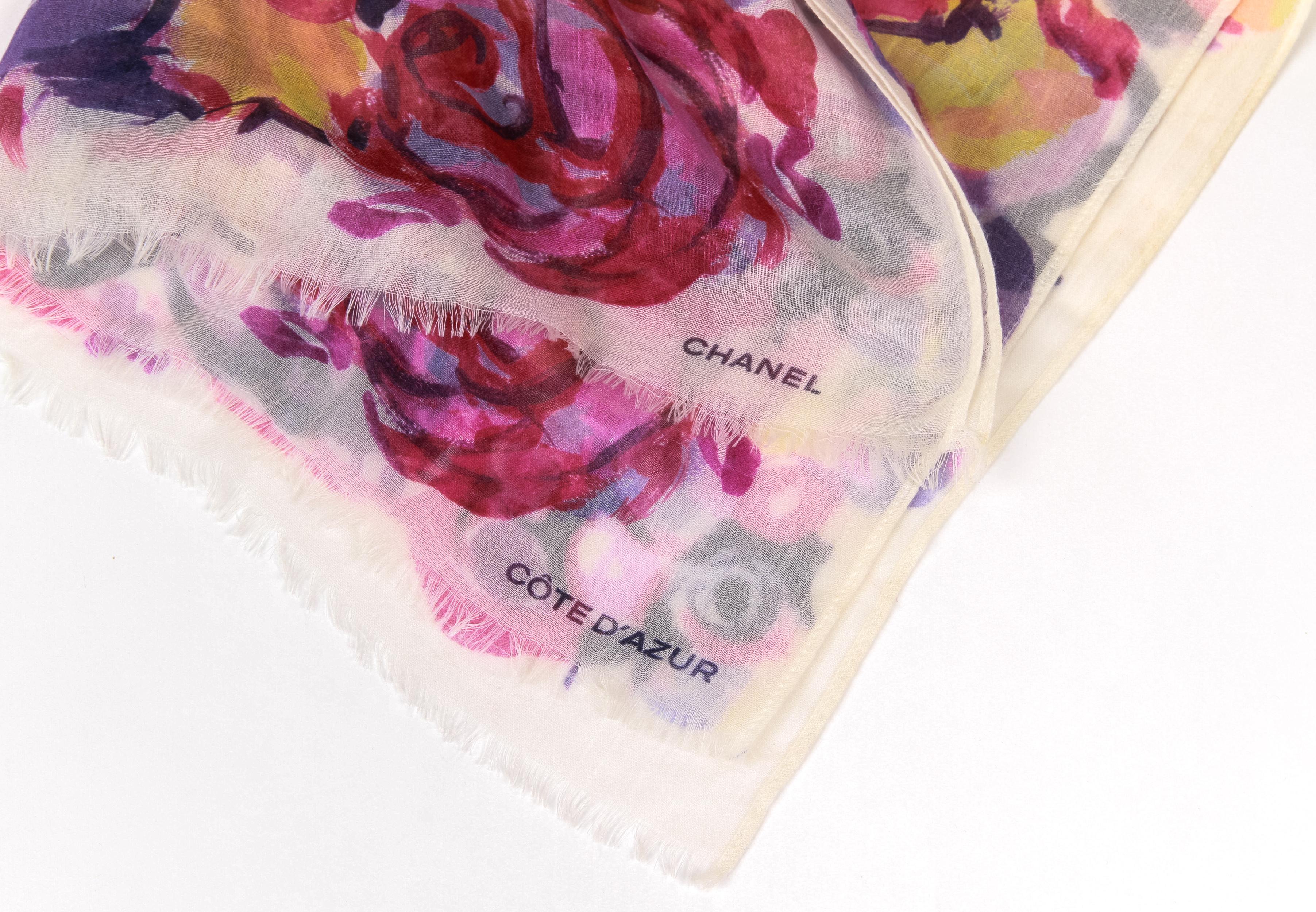 Beige New Chanel Multicolor Camellia Cashmere Silk Shawl Scarf For Sale
