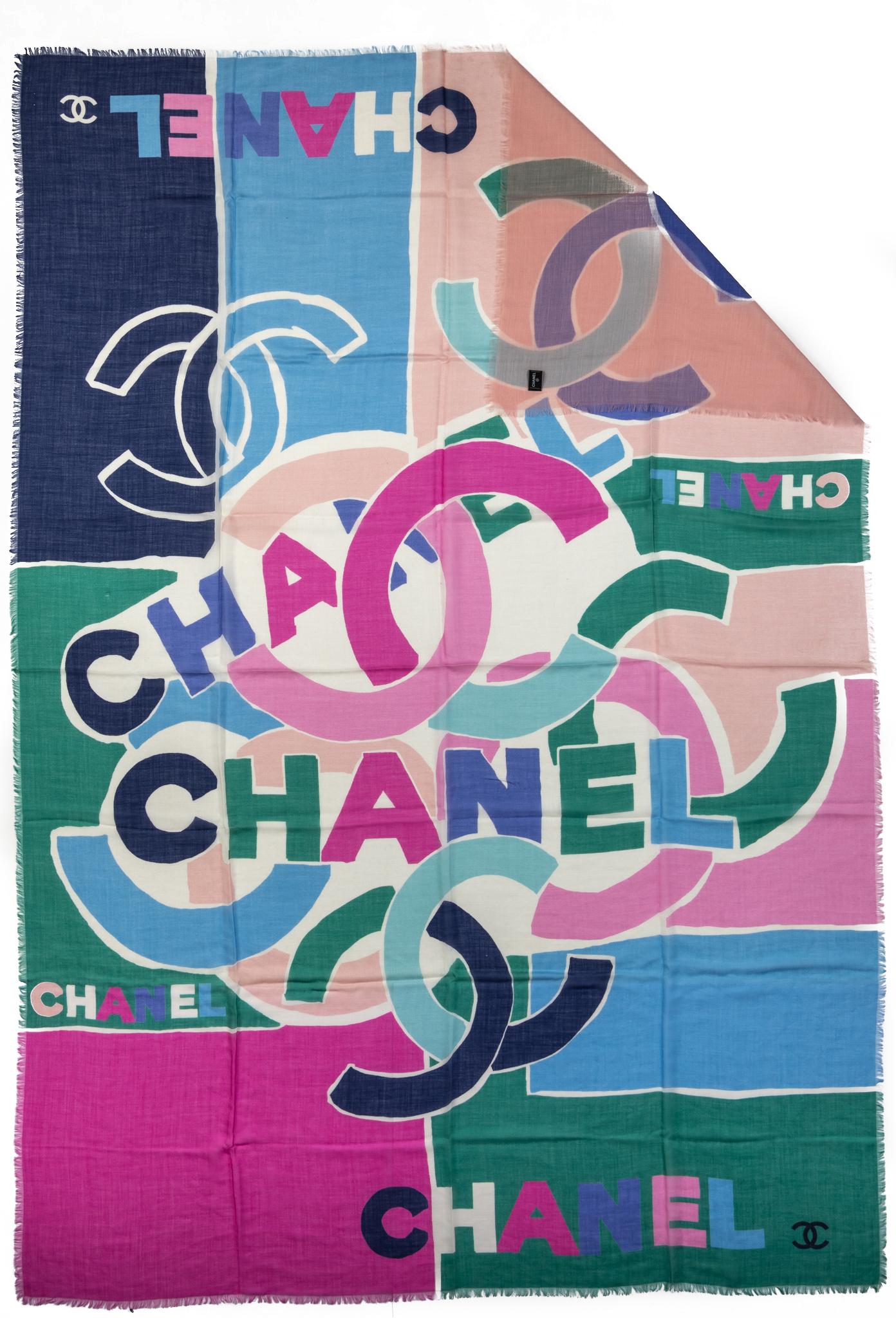 Chanel brand new cashmere and silk multicolor logo design shawl. Care tag.

