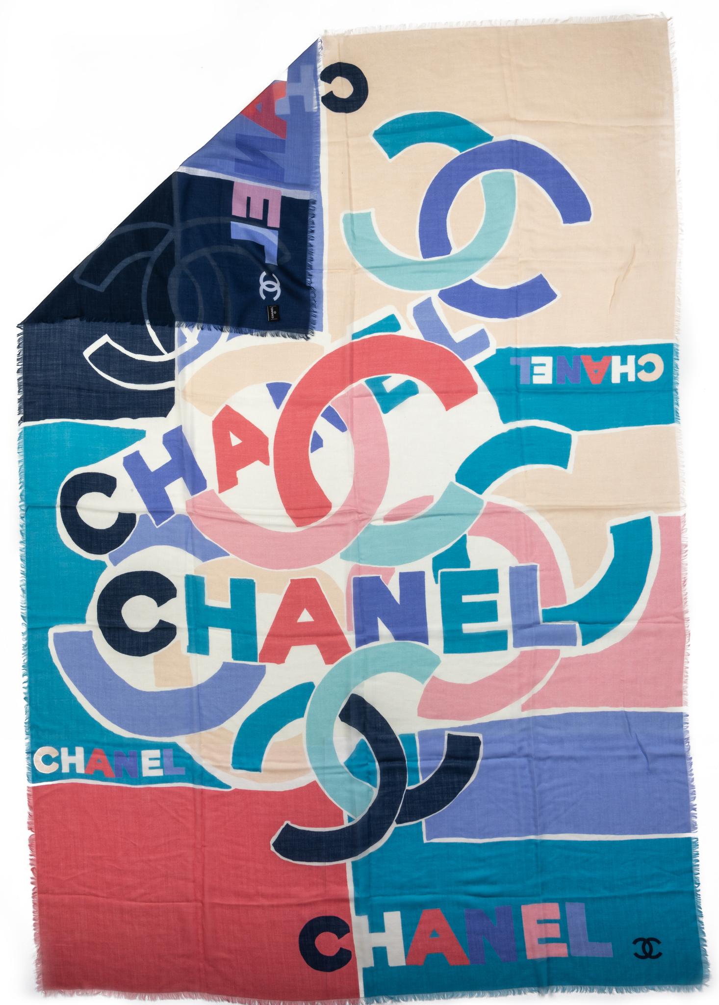 Chanel brand new cashmere and silk multicolor logo design shawl. Care tag.
