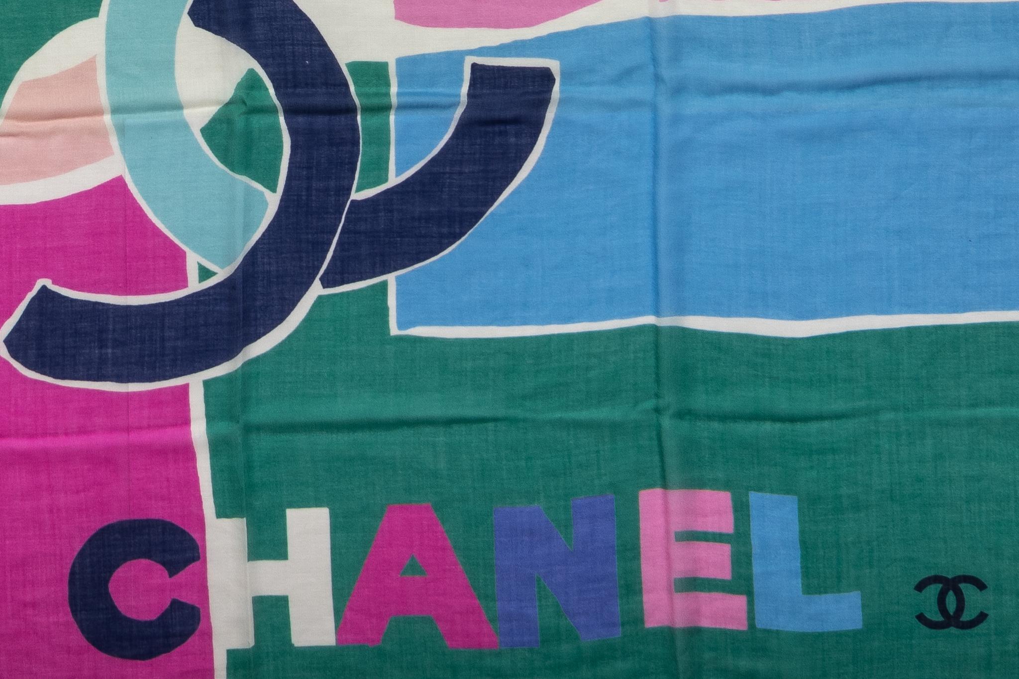 Gray New Chanel Multicolor Logo Cashmere Shawl For Sale