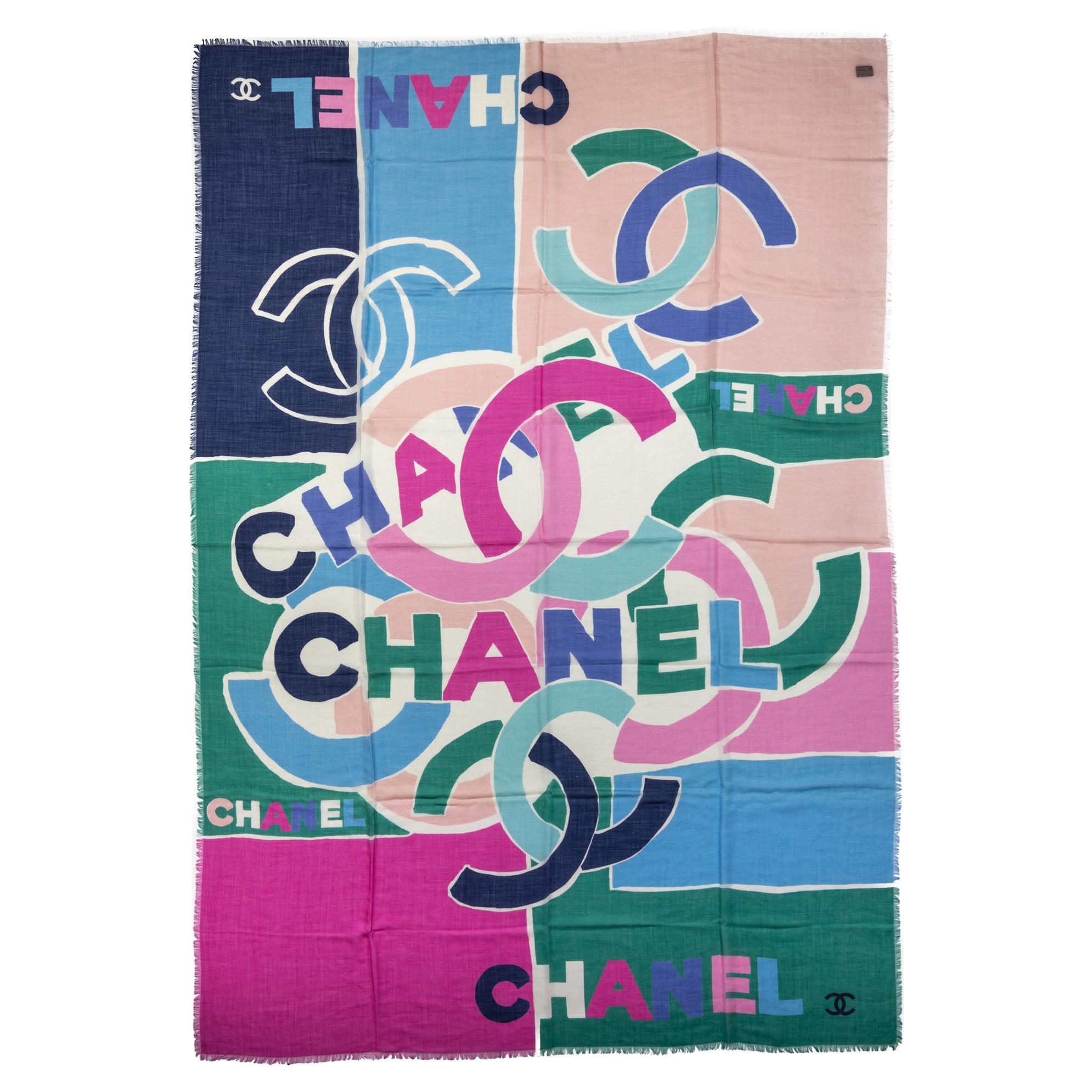 New Chanel Multicolor Logo Cashmere Shawl For Sale