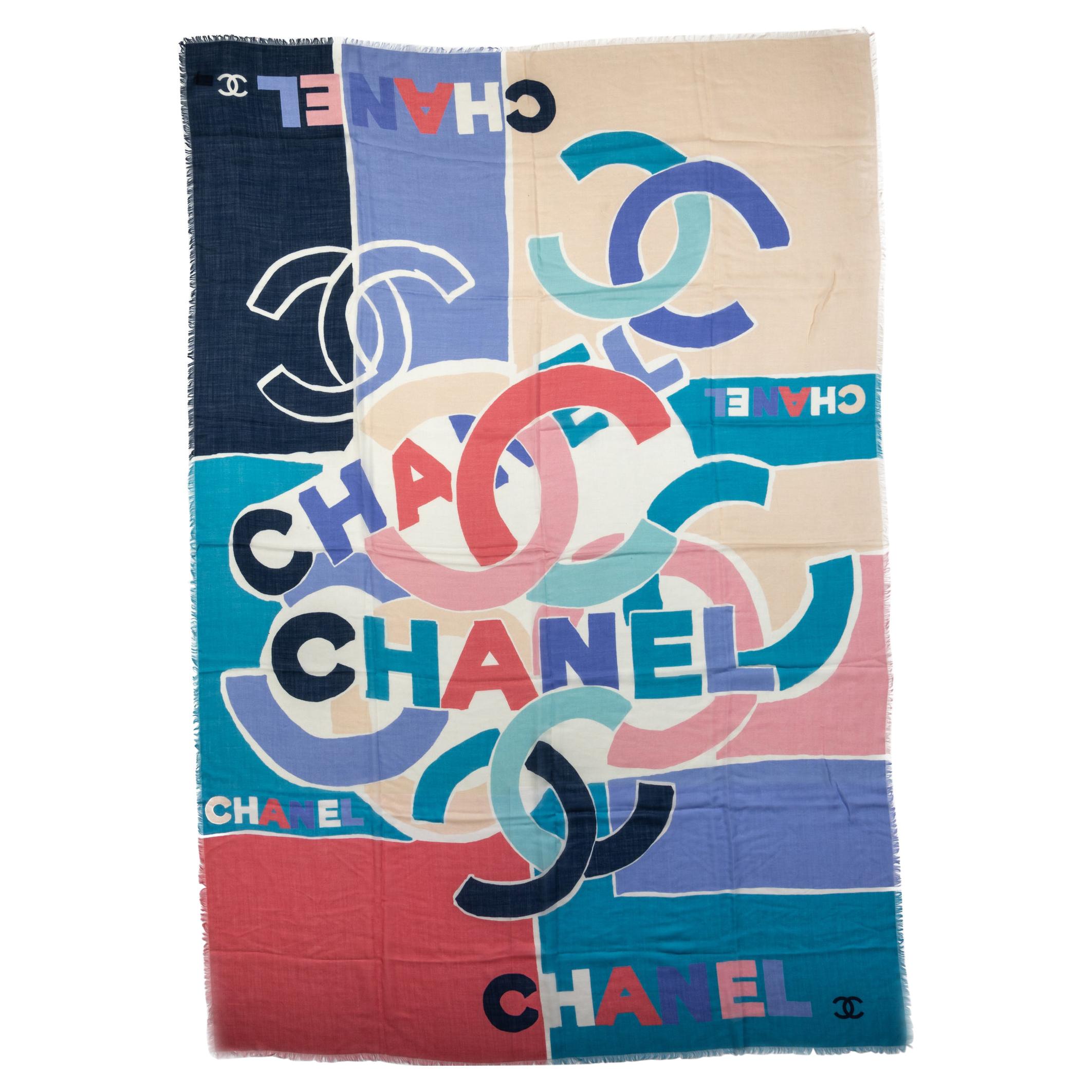 New Chanel Multicolor Logo Cashmere Shawl For Sale