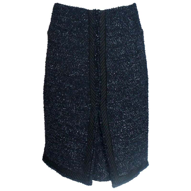 NEW Chanel Navy and Black Pleated Tweed Skirt For Sale at 1stDibs