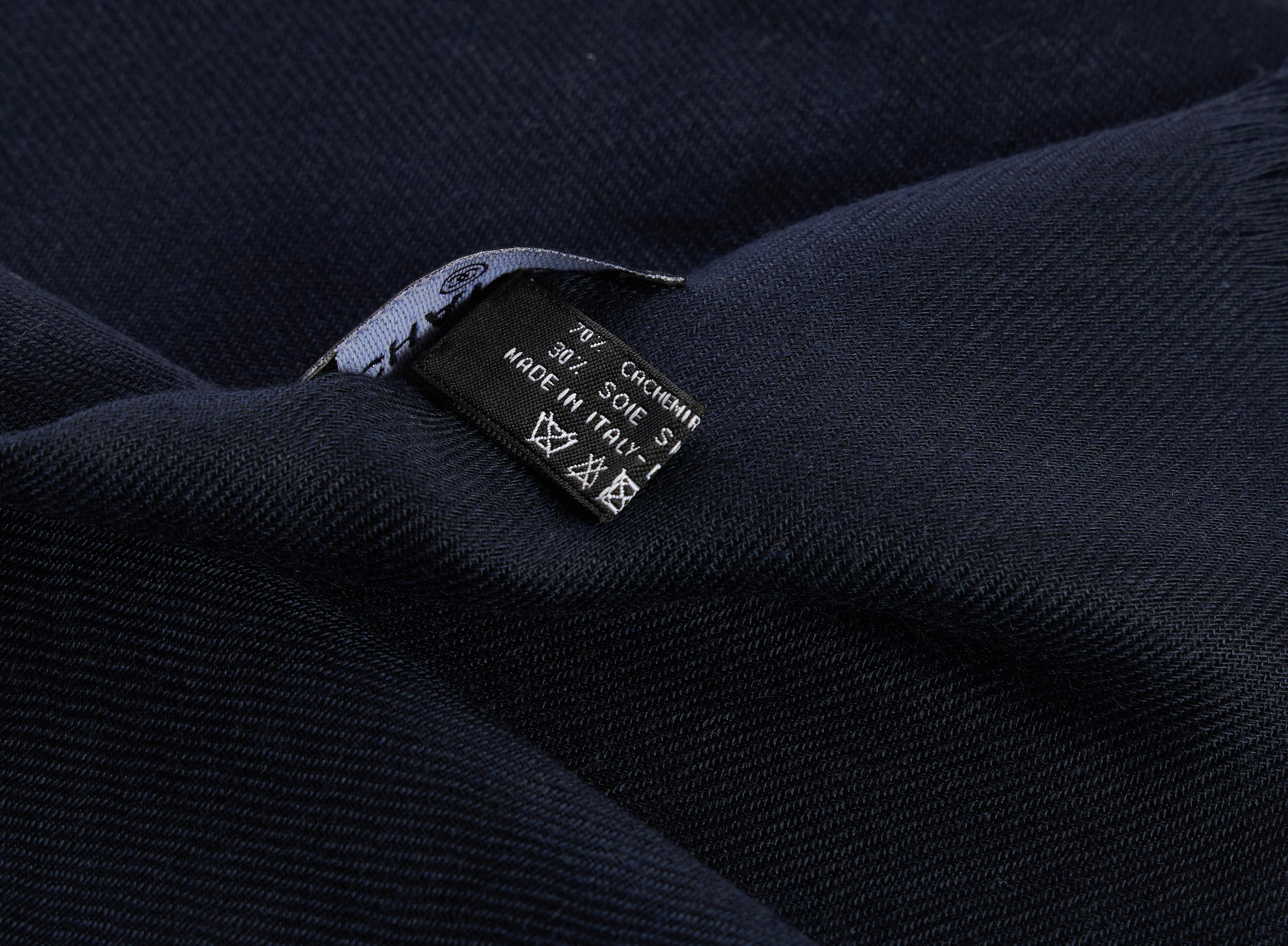 Chanel brand new navy blue cashmere shawl with cc embroidered logo. 70% cashmere, 30% silk. Comes with original care tag.