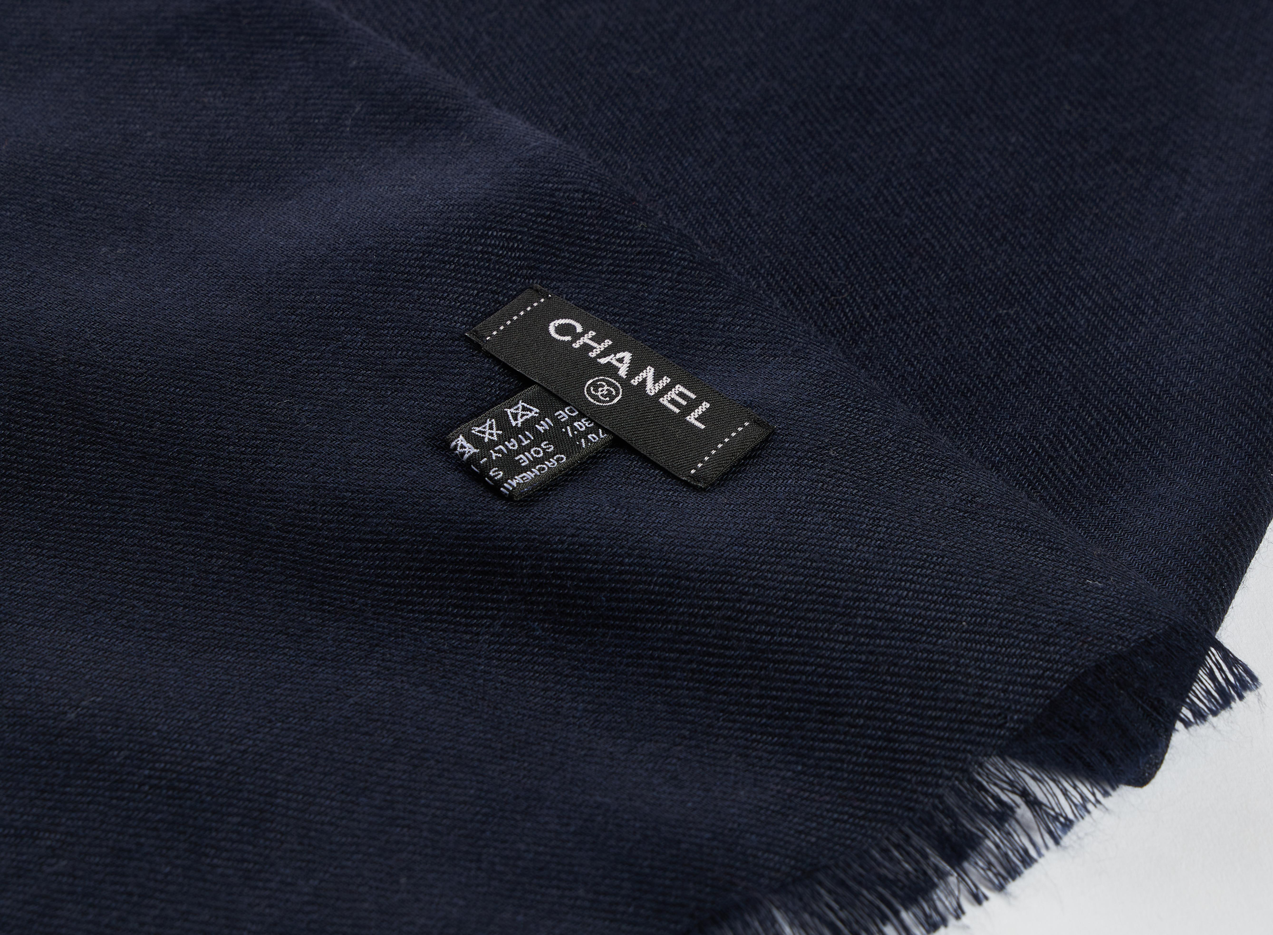 New Chanel Navy Cashmere Silk Shawl In New Condition In West Hollywood, CA