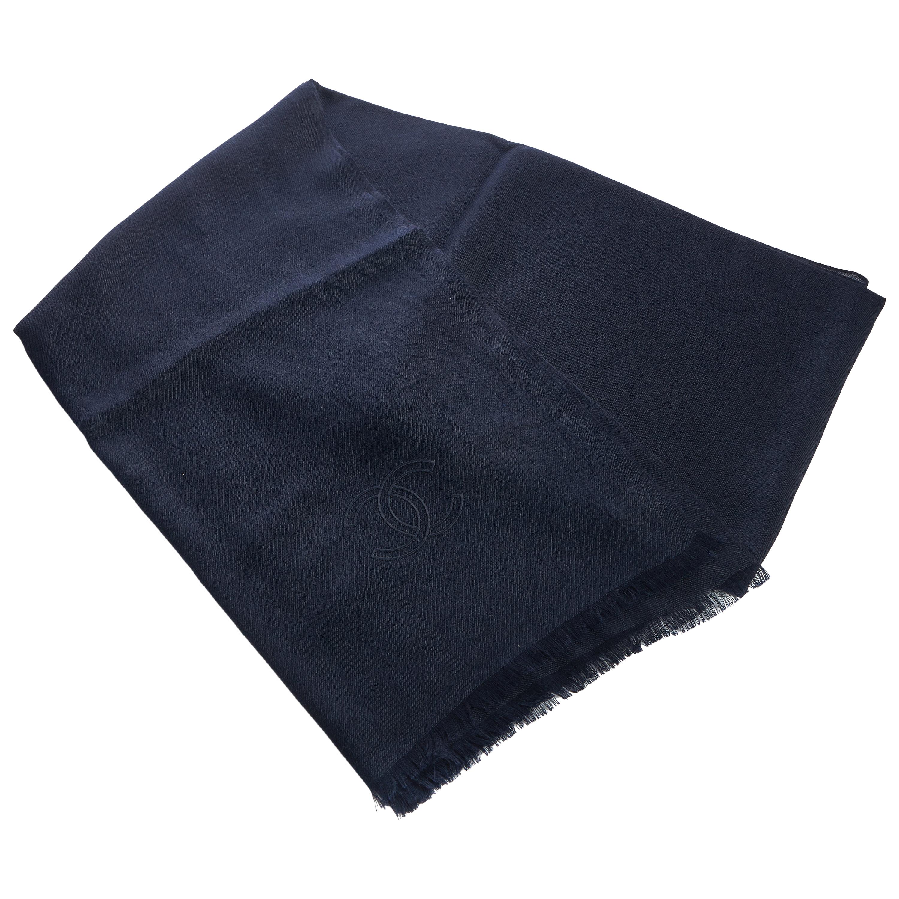 New Chanel Navy Cashmere Silk Shawl