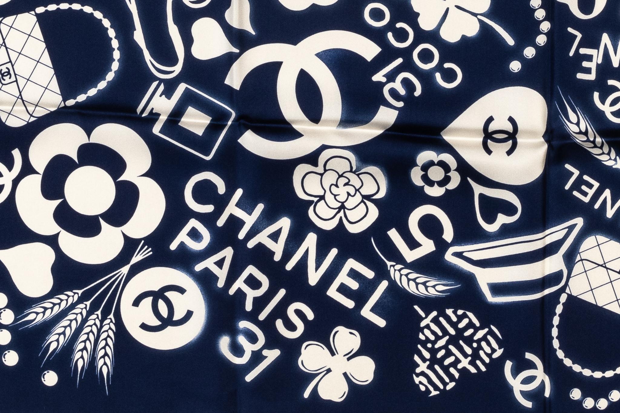 Black New Chanel Navy Iconic Design Silk Scarf