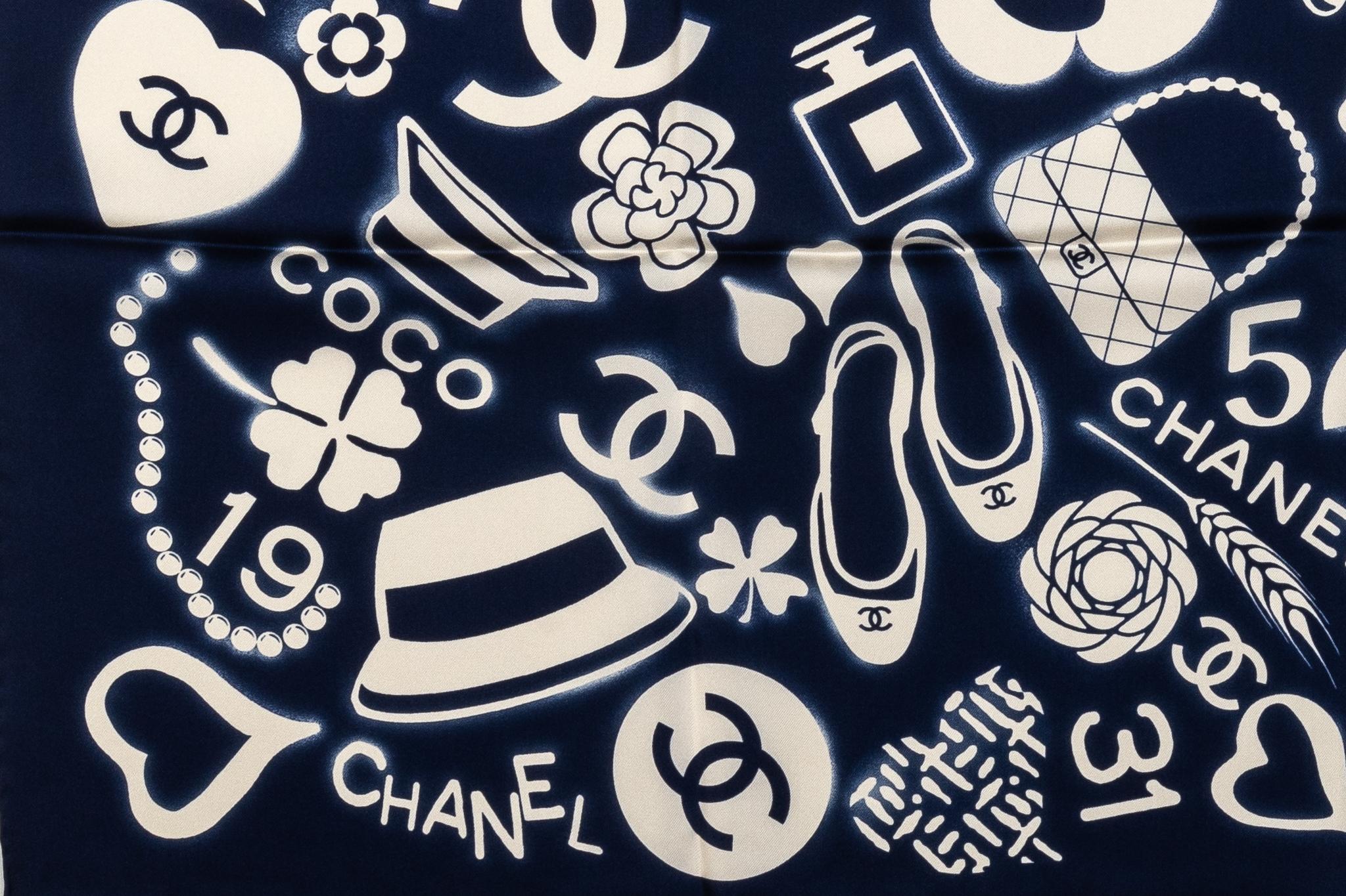 New Chanel Navy Iconic Design Silk Scarf In New Condition In West Hollywood, CA