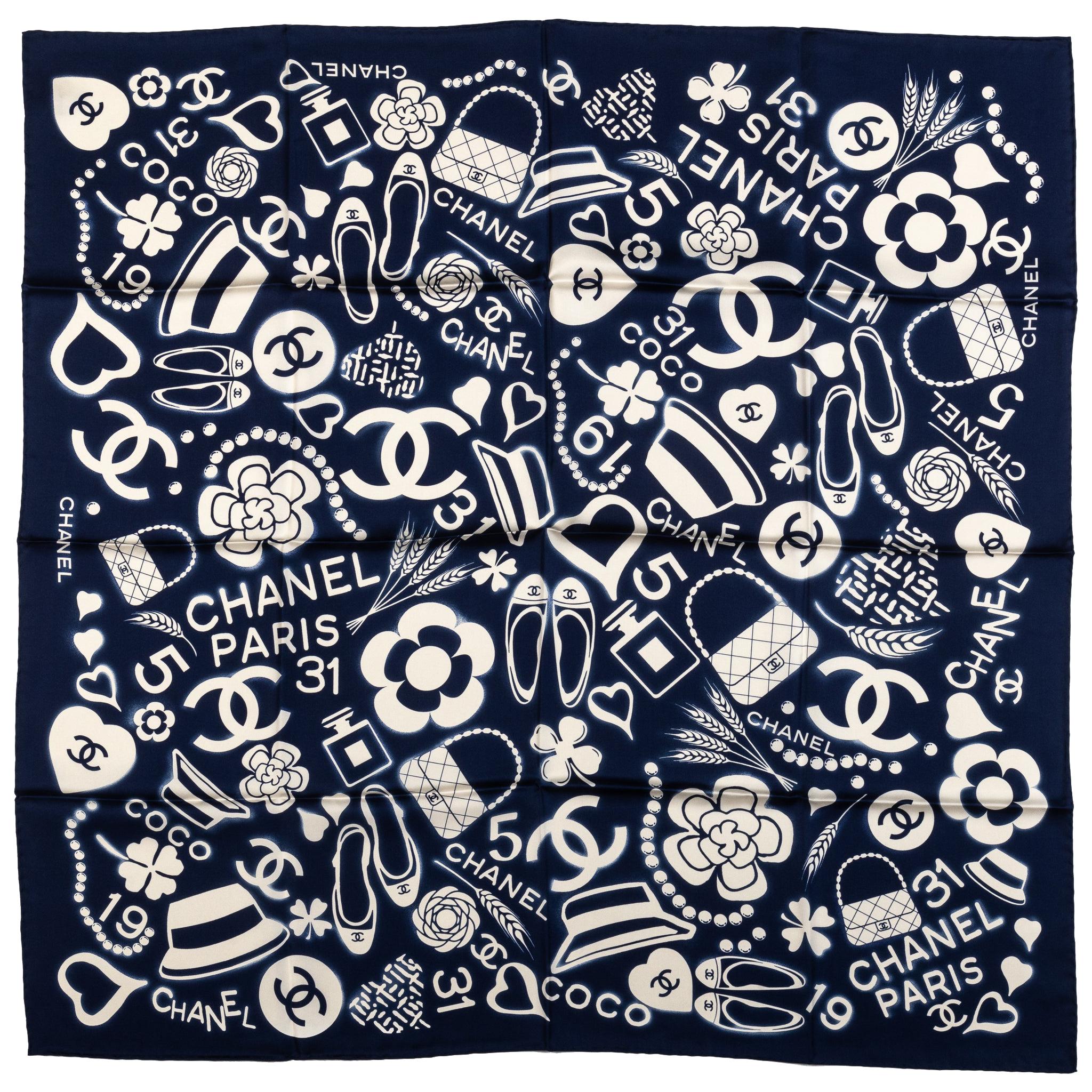 New Chanel Navy Iconic Design Silk Scarf at 1stDibs