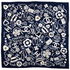 New Chanel Navy Iconic Design Silk Scarf