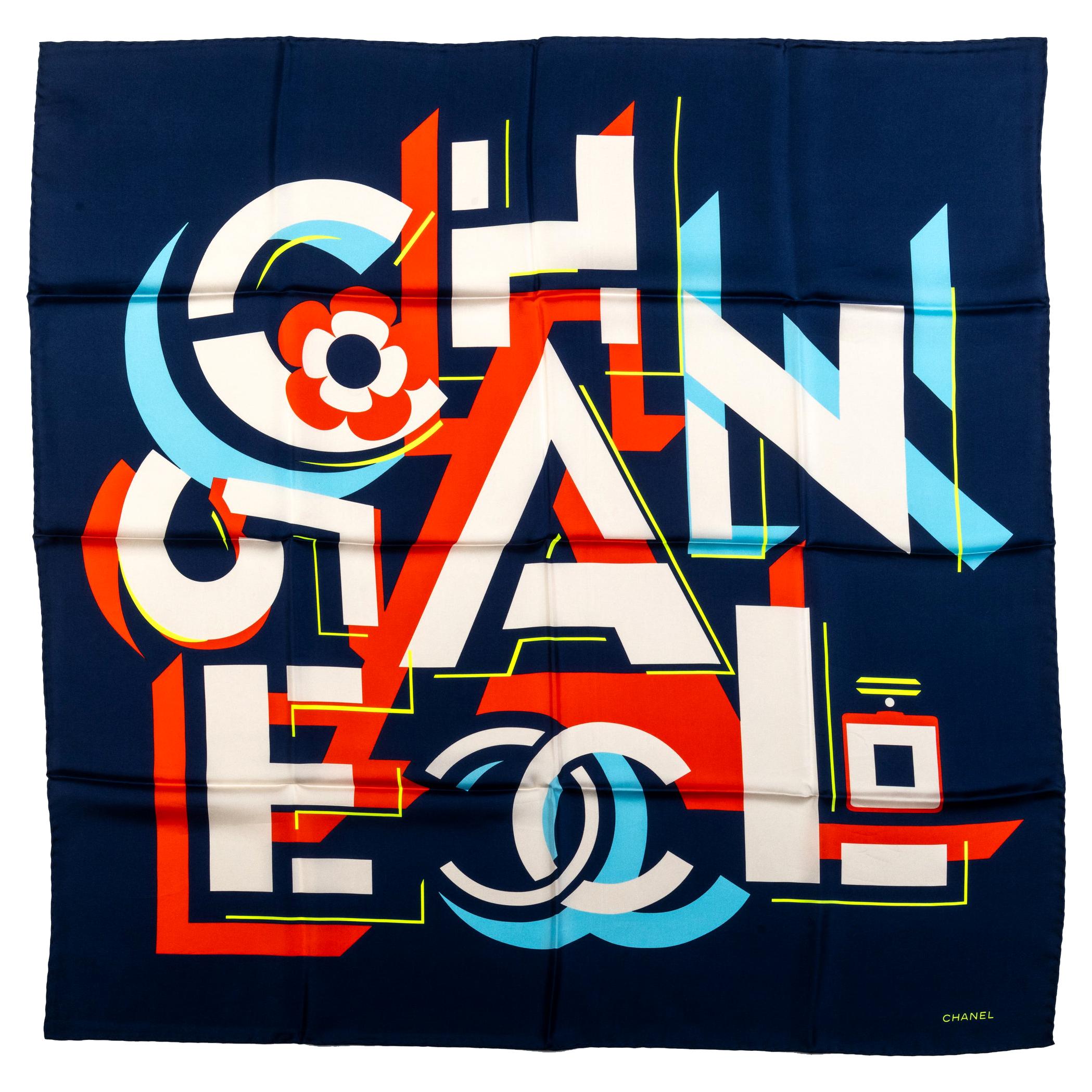 New Chanel Navy Letters Silk Scarf