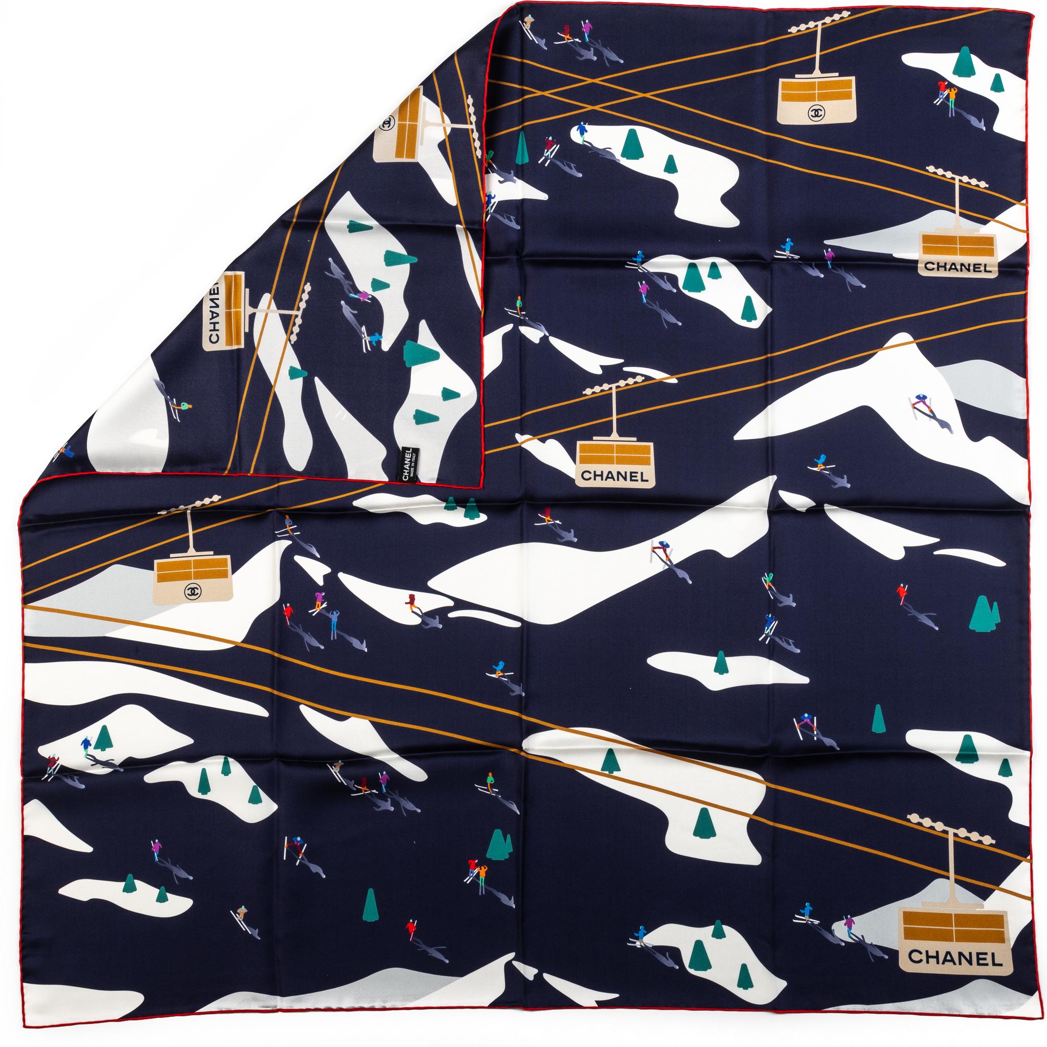 Chanel brand new mountains design 100% silk scarf in navy and white combination . Hand rolled edges. Care tag.