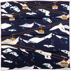 New Chanel Navy Mountains Silk Scarf