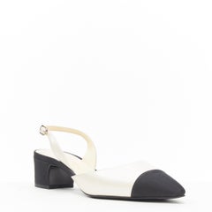 new CHANEL pearl white grosgrain toe cap two tone sling block heel EU38.5 C