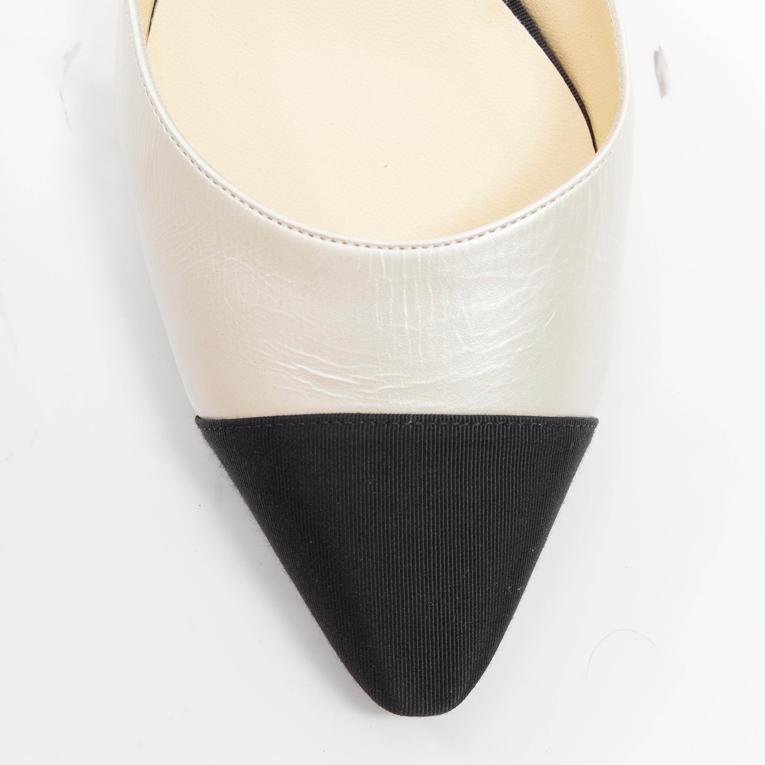 Women's new CHANEL pearl white grosgrain toe cap two tone sling block heel EU38.5 C