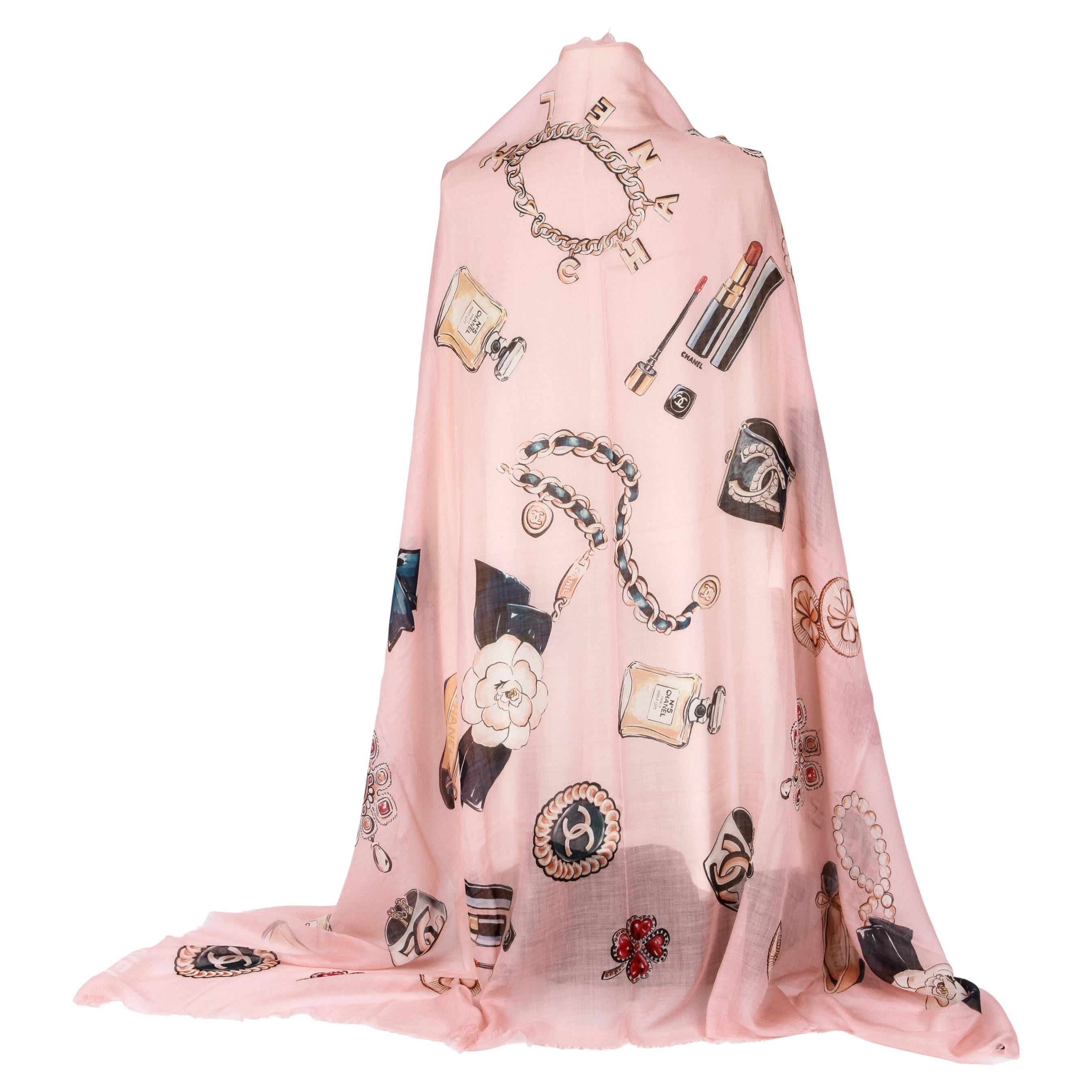 New Chanel Pink Cashmere Icons XL Shawl 74"