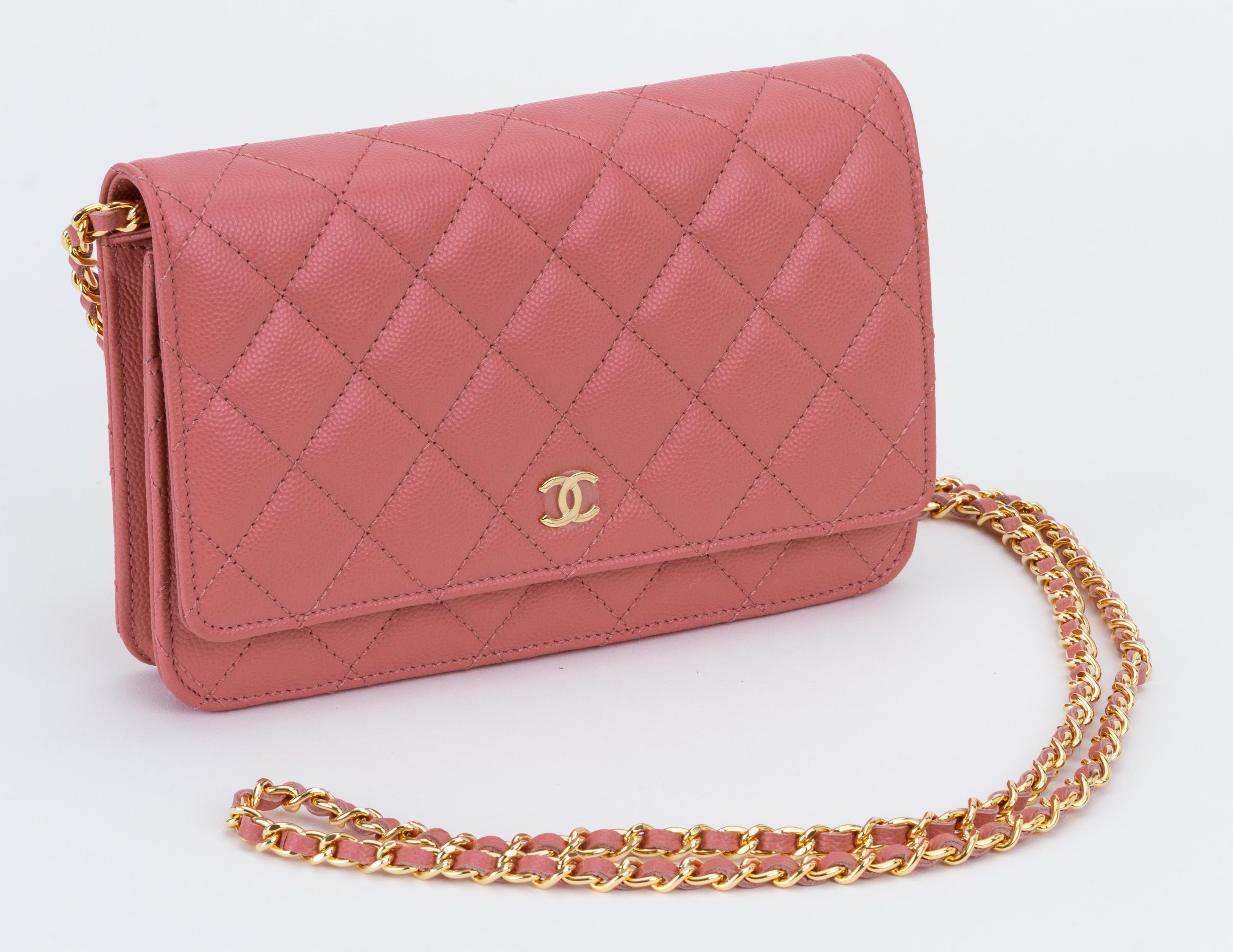 Pink New Chanel PInk Caviar Wallet On A Chain Bag