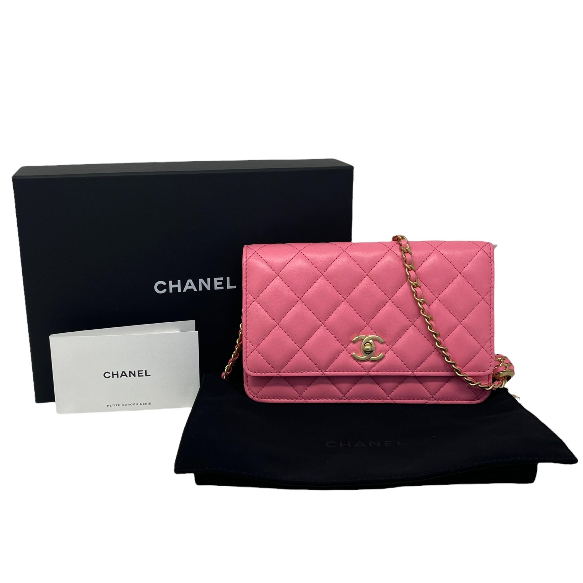 NEW Chanel Pink Classic Quilted Lambskin Leather Wallet on a Chain Crossbody Bag For Sale 11