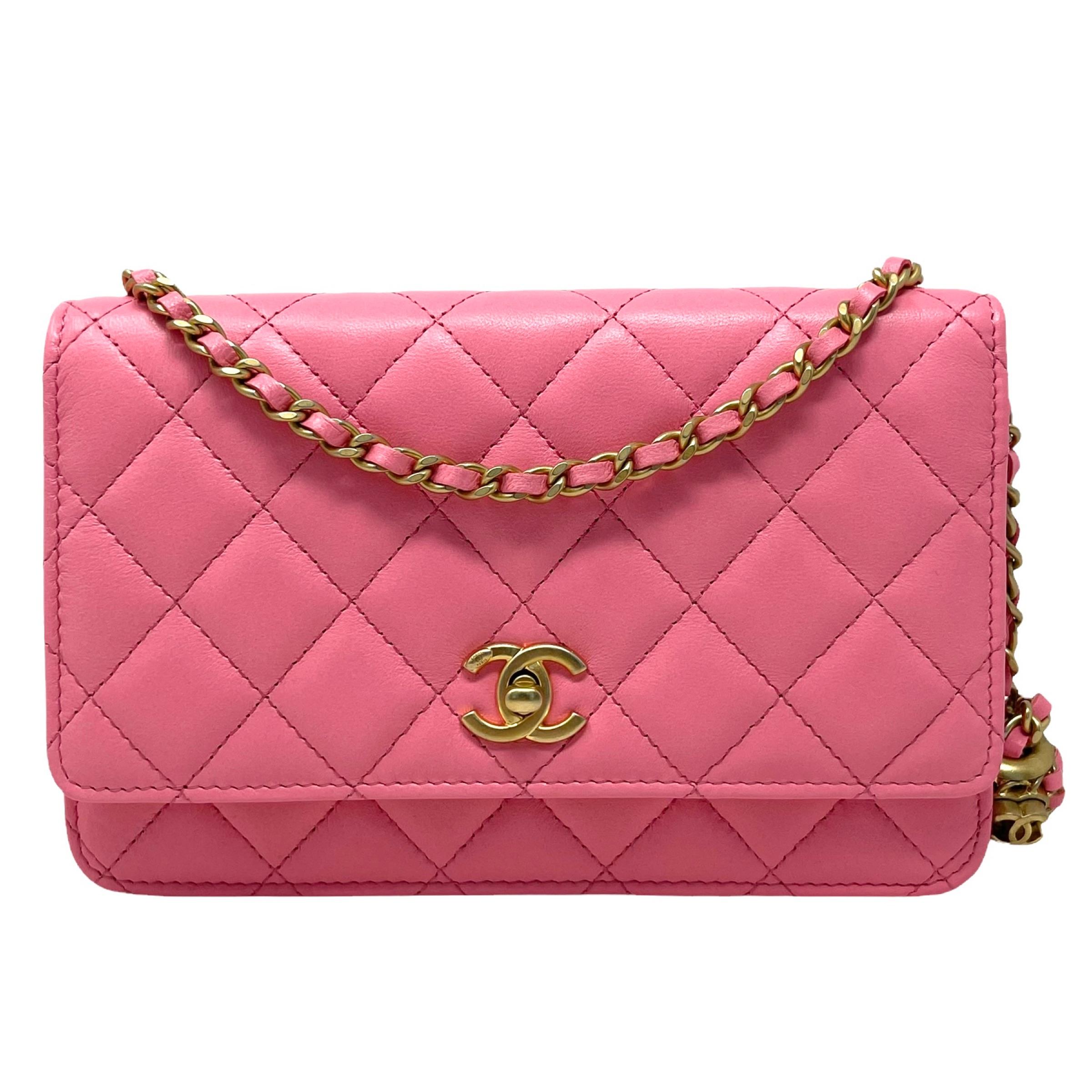 NEW Chanel Pink Classic Quilted Lambskin Leather Wallet on a Chain ...