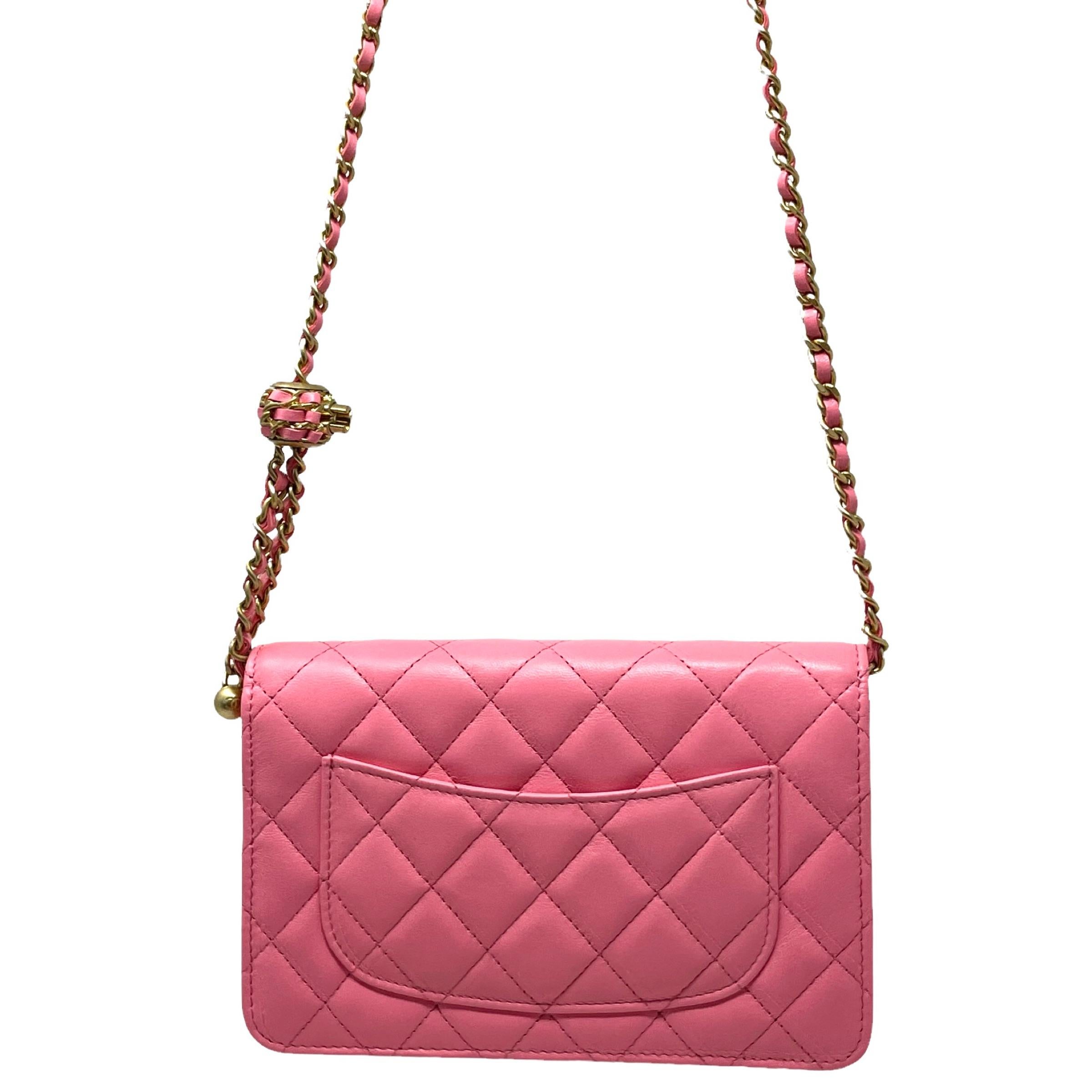 NEW Chanel Pink Classic Quilted Lambskin Leather Wallet on a Chain Crossbody Bag For Sale 1