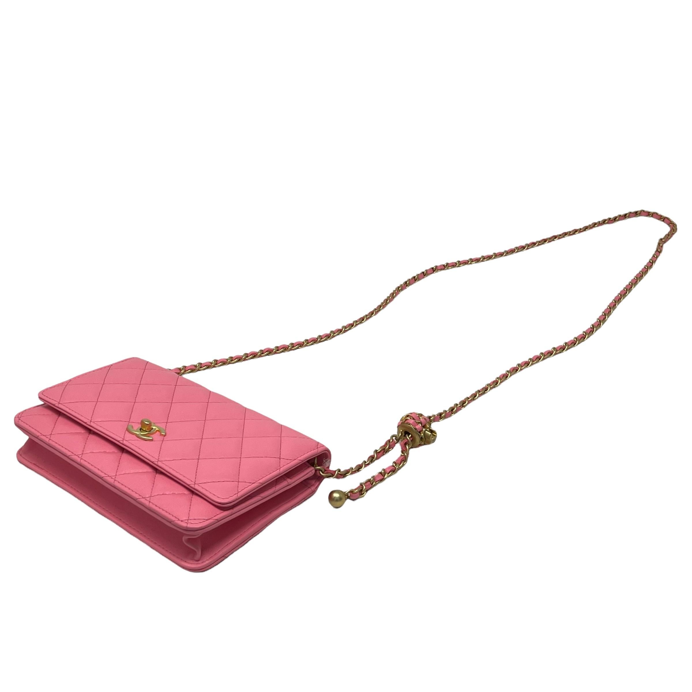 NEW Chanel Pink Classic Quilted Lambskin Leather Wallet on a Chain Crossbody Bag For Sale 2