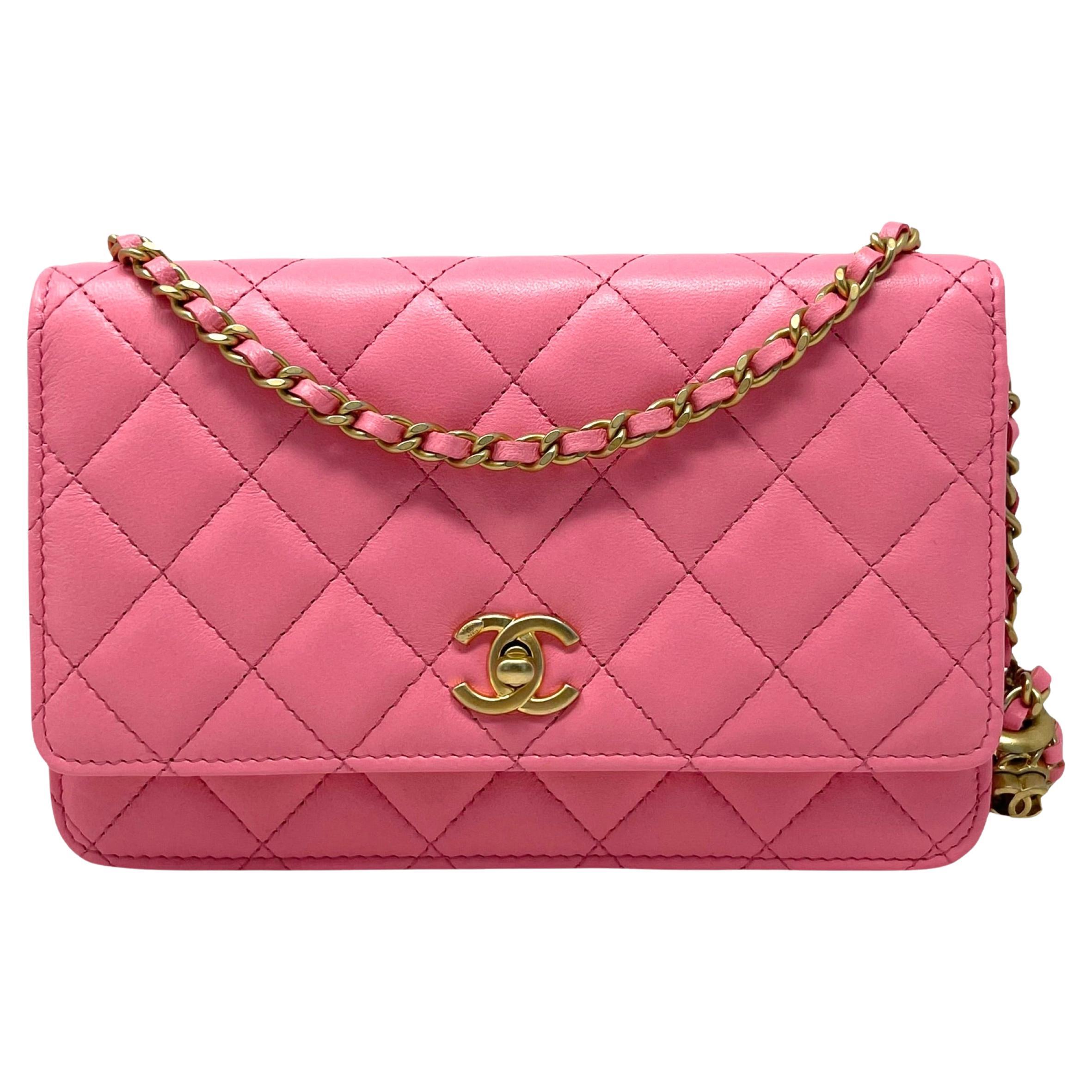 NEW Chanel Pink Classic Quilted Lambskin Leather Wallet on a Chain Crossbody Bag For Sale