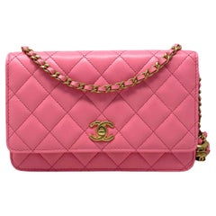 NEW Chanel Pink Classic Quilted Lambskin Leather Wallet on a Chain Crossbody Bag