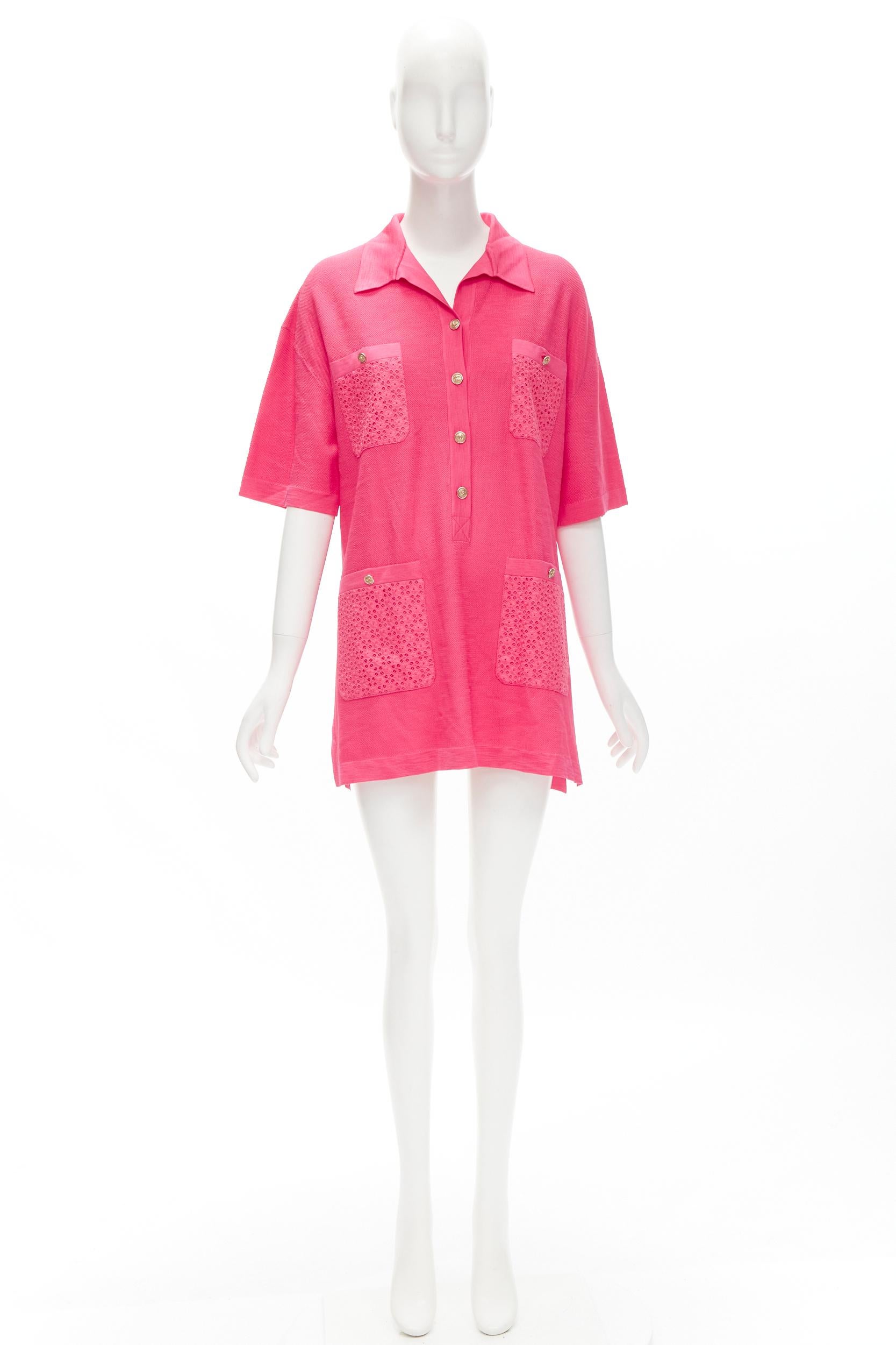 new CHANEL pink viscose knit gold CC button embroidery anglais polo dress FR38 M For Sale 4