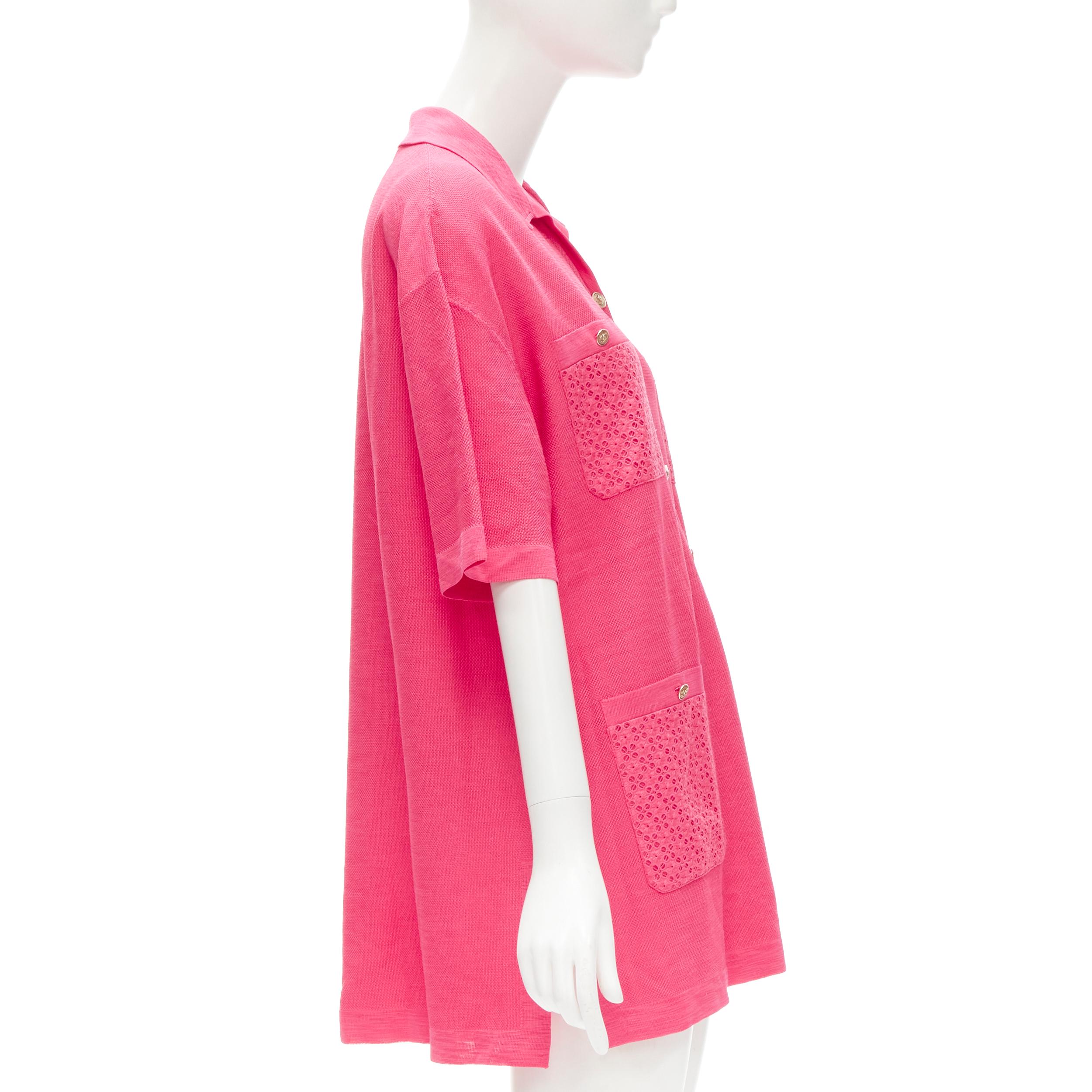 Pink new CHANEL pink viscose knit gold CC button embroidery anglais polo dress FR38 M For Sale