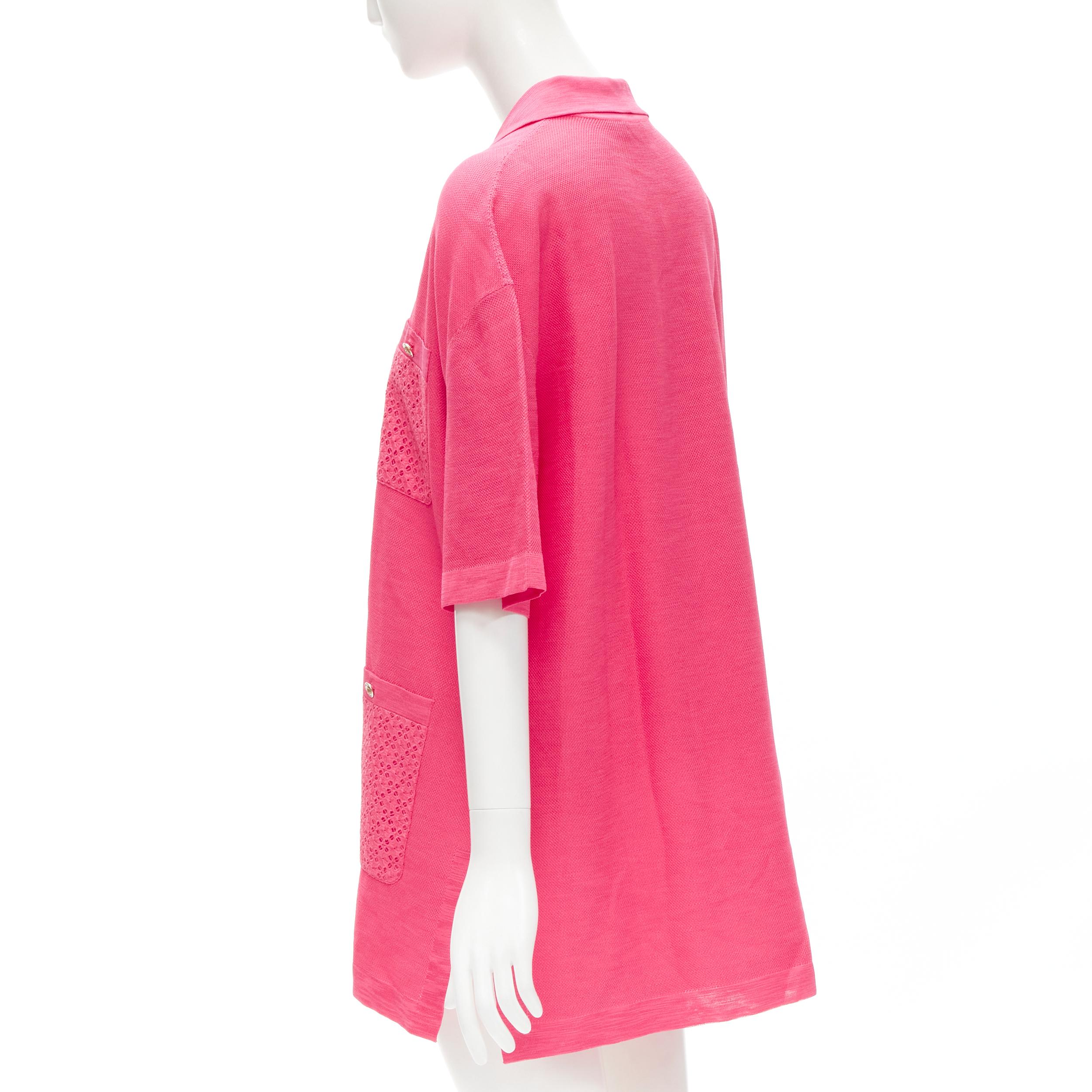 Women's new CHANEL pink viscose knit gold CC button embroidery anglais polo dress FR38 M For Sale