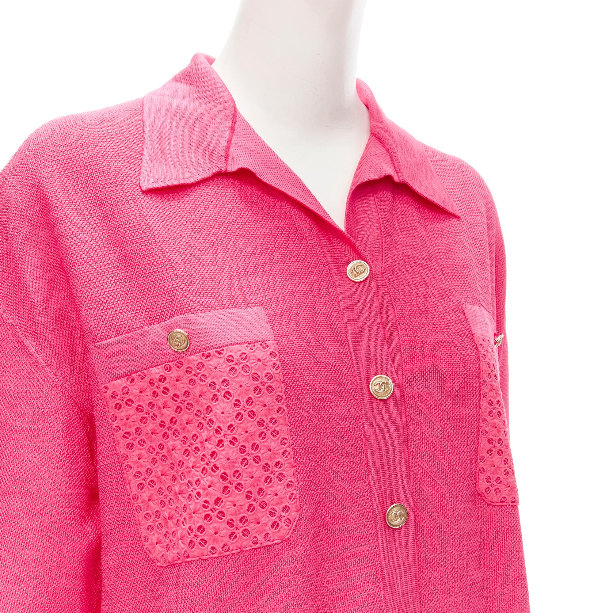 new CHANEL pink viscose knit gold CC button embroidery anglais polo dress FR38 M For Sale 1
