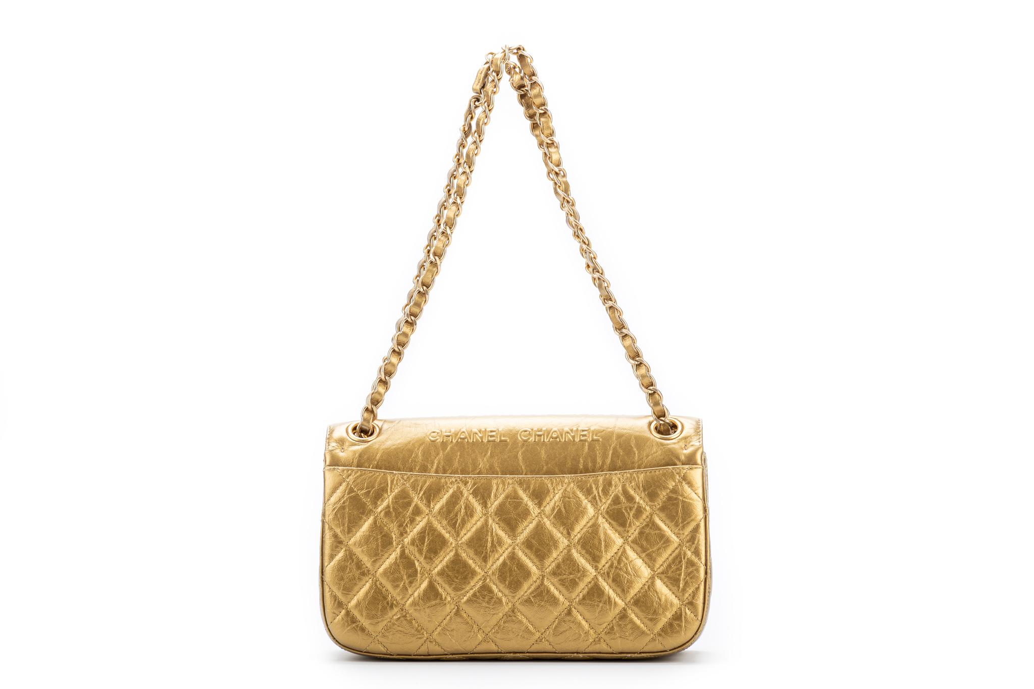 Brown New Chanel Rare Gold Embossed Single Flap Bag