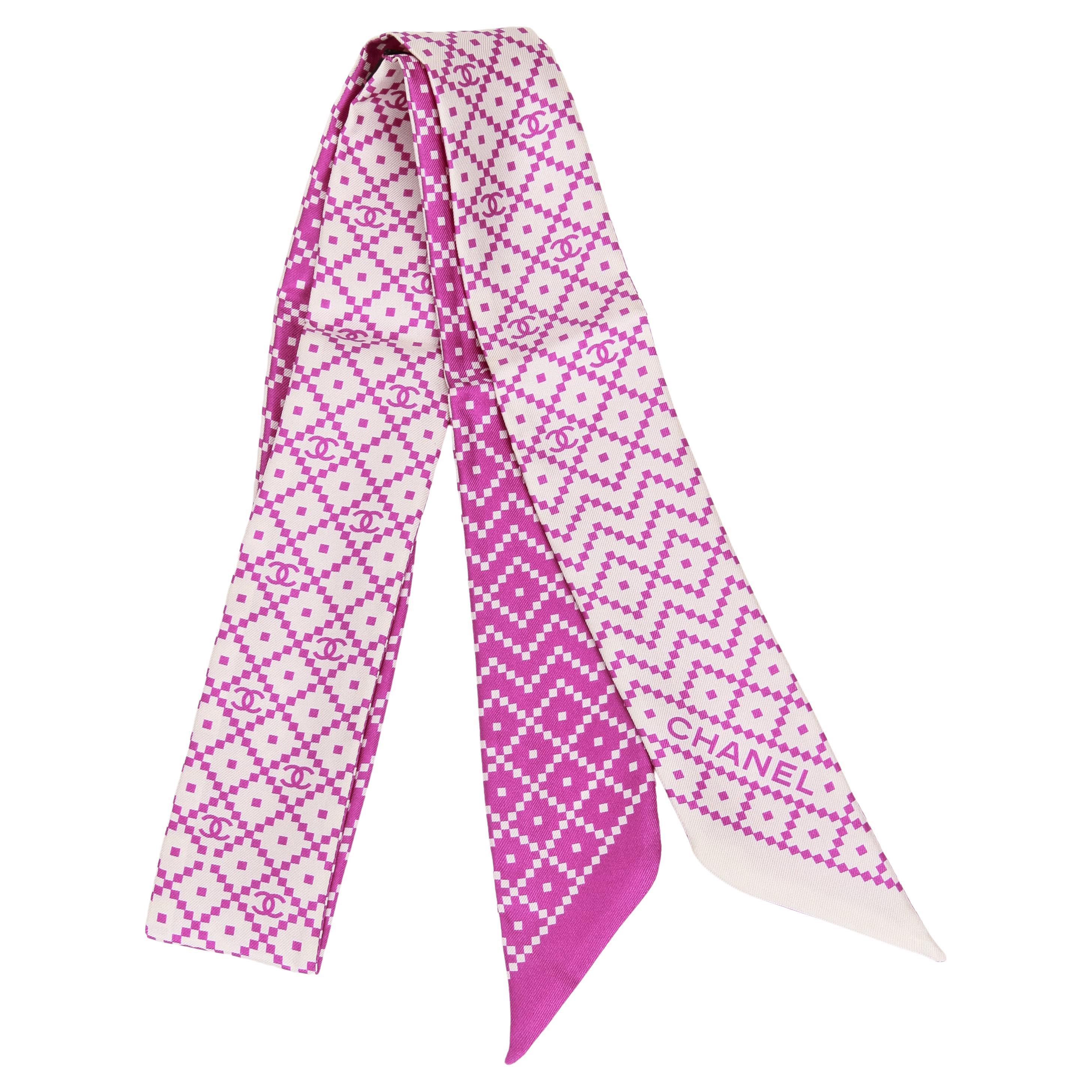 New Chanel Raspberry White Logo Scarf