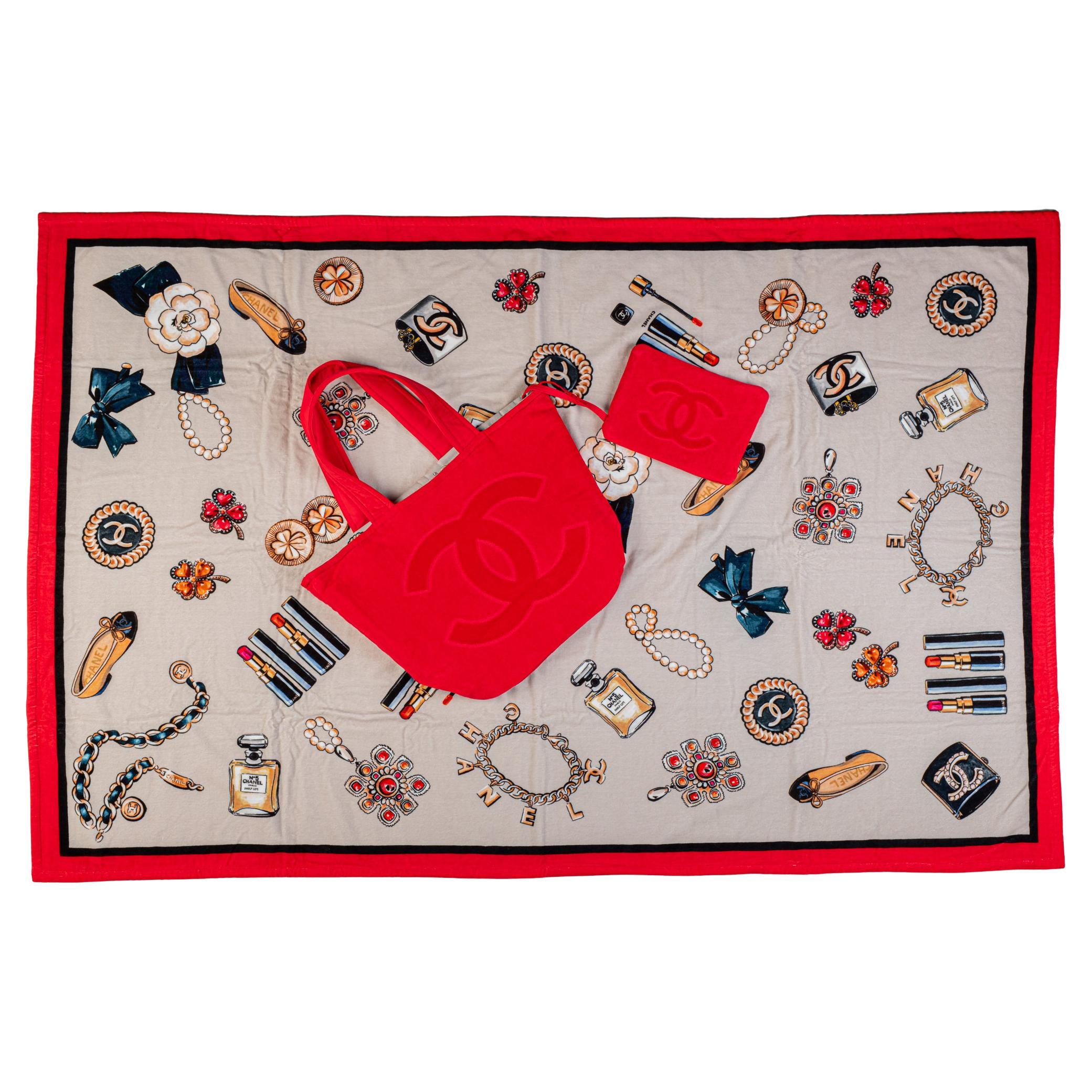 Chanel Rotes Strandhandtuch und Tote-Set mit ikonischem Design, Vintage