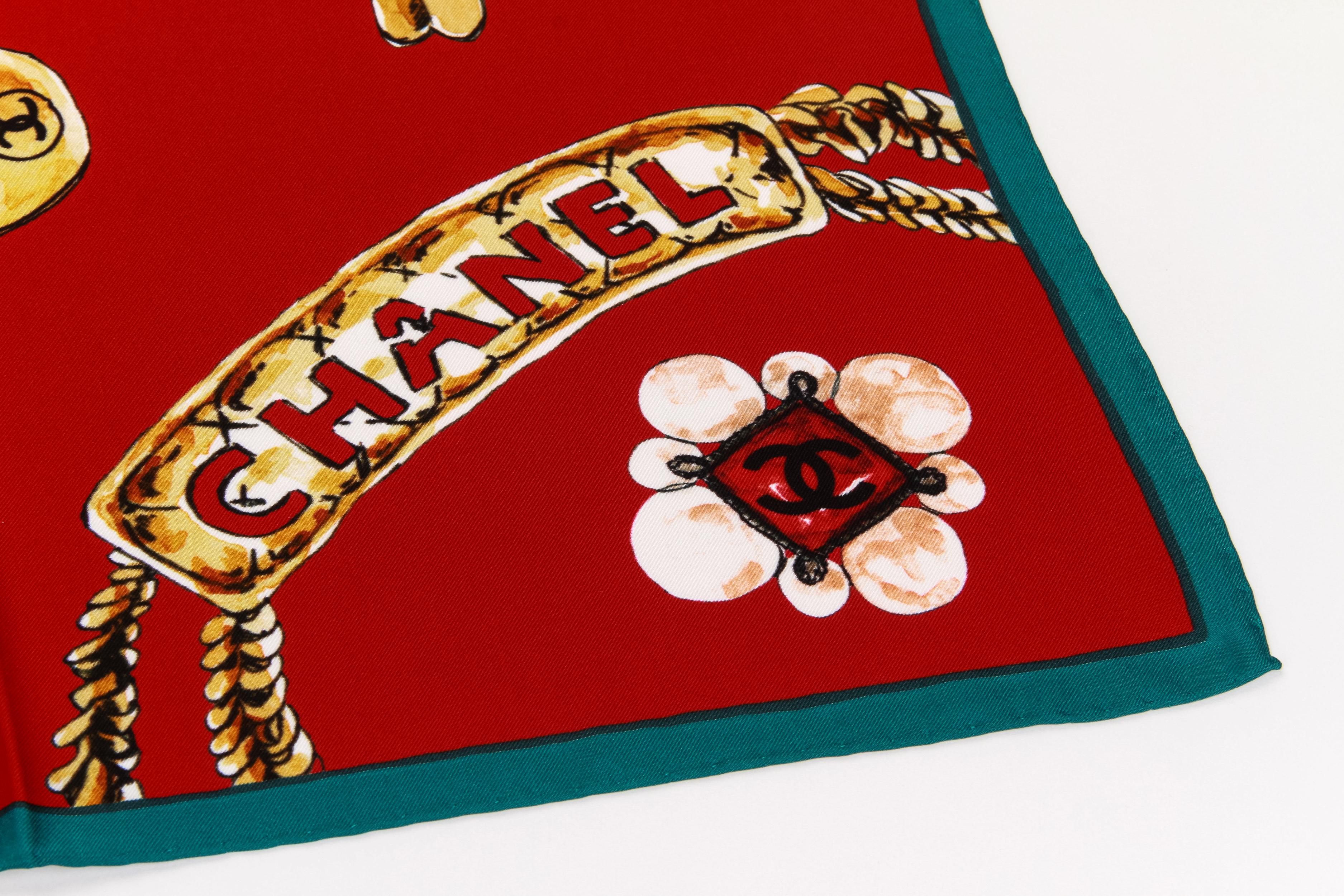 New Chanel Red Iconic Jewerly Silk Scarf In New Condition For Sale In West Hollywood, CA