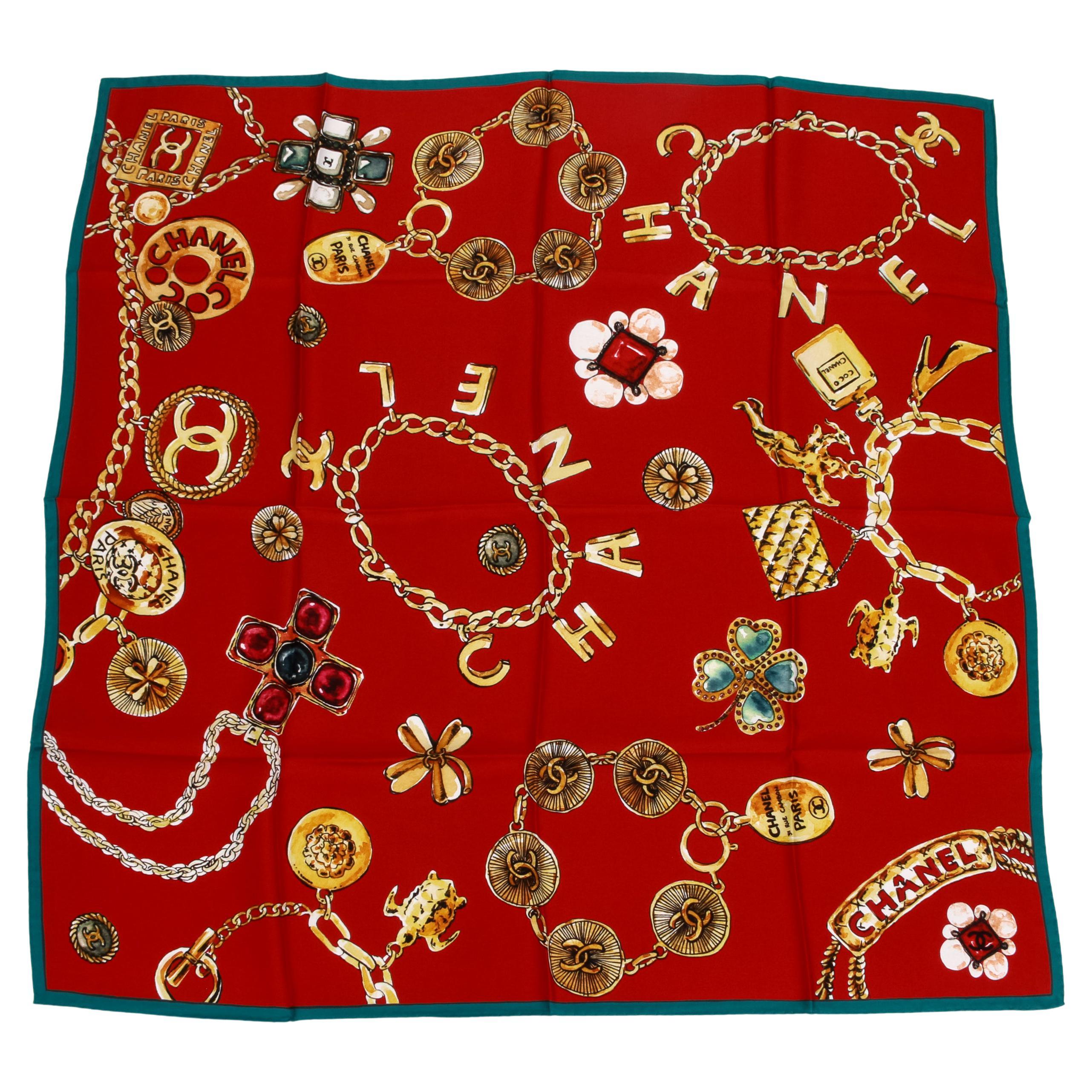 New Chanel Red Iconic Jewerly Silk Scarf For Sale
