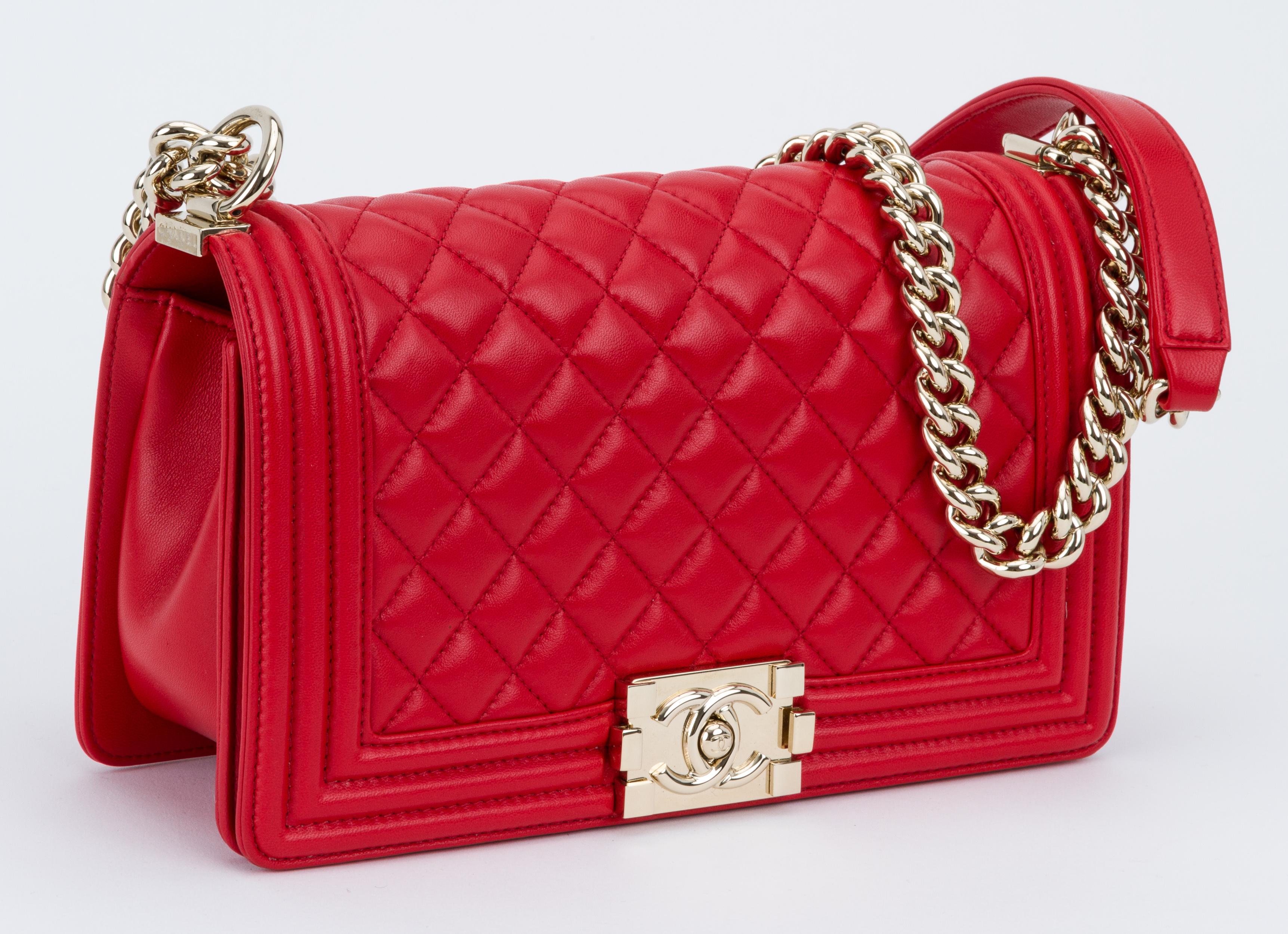 Women's NEW Chanel Red Lambskin Gold Medium Boy Bag