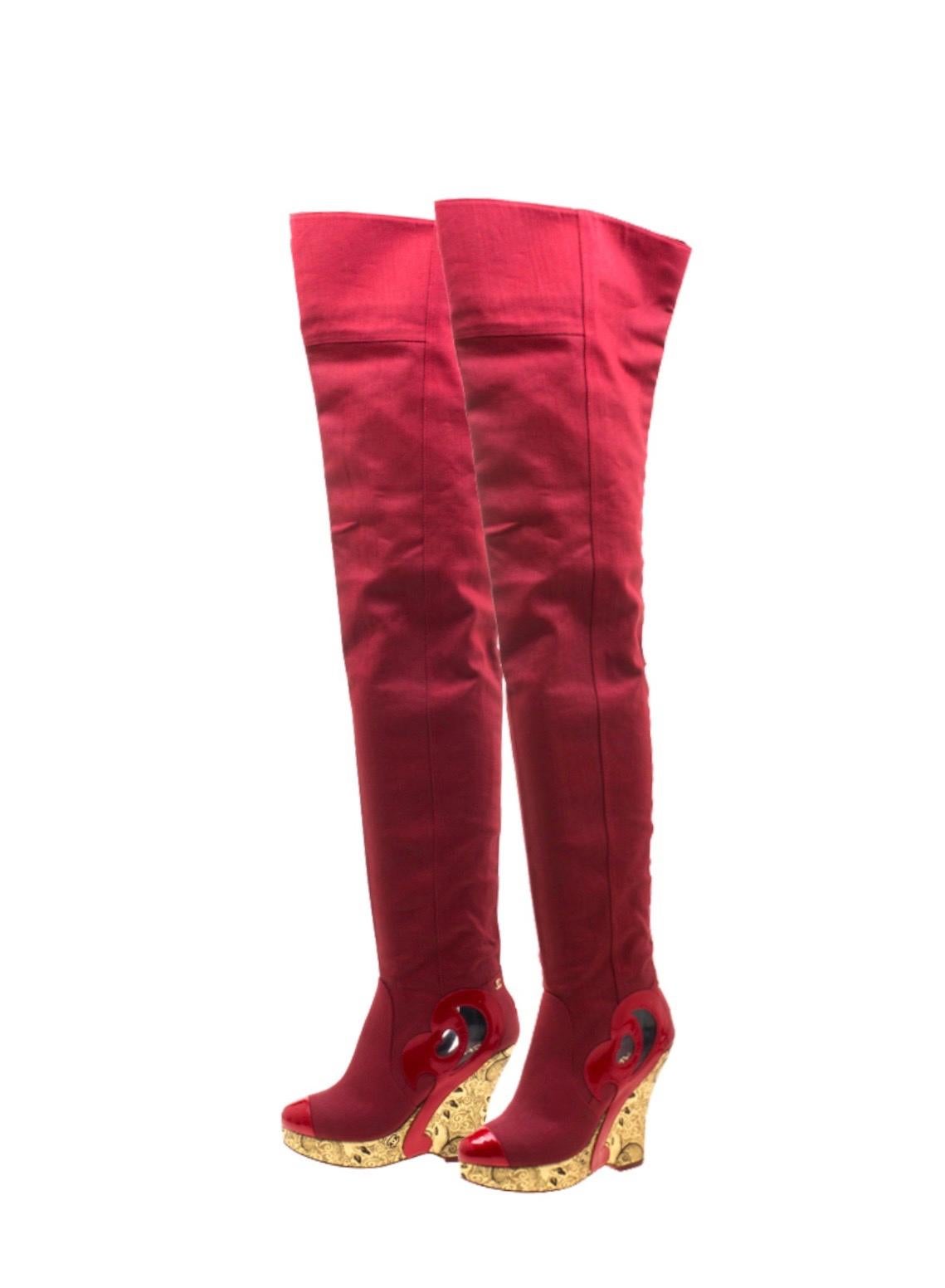 Women's NEW Chanel Red Thigh High Fabric CC Logo Intarsia Wedge High Heeled Boots