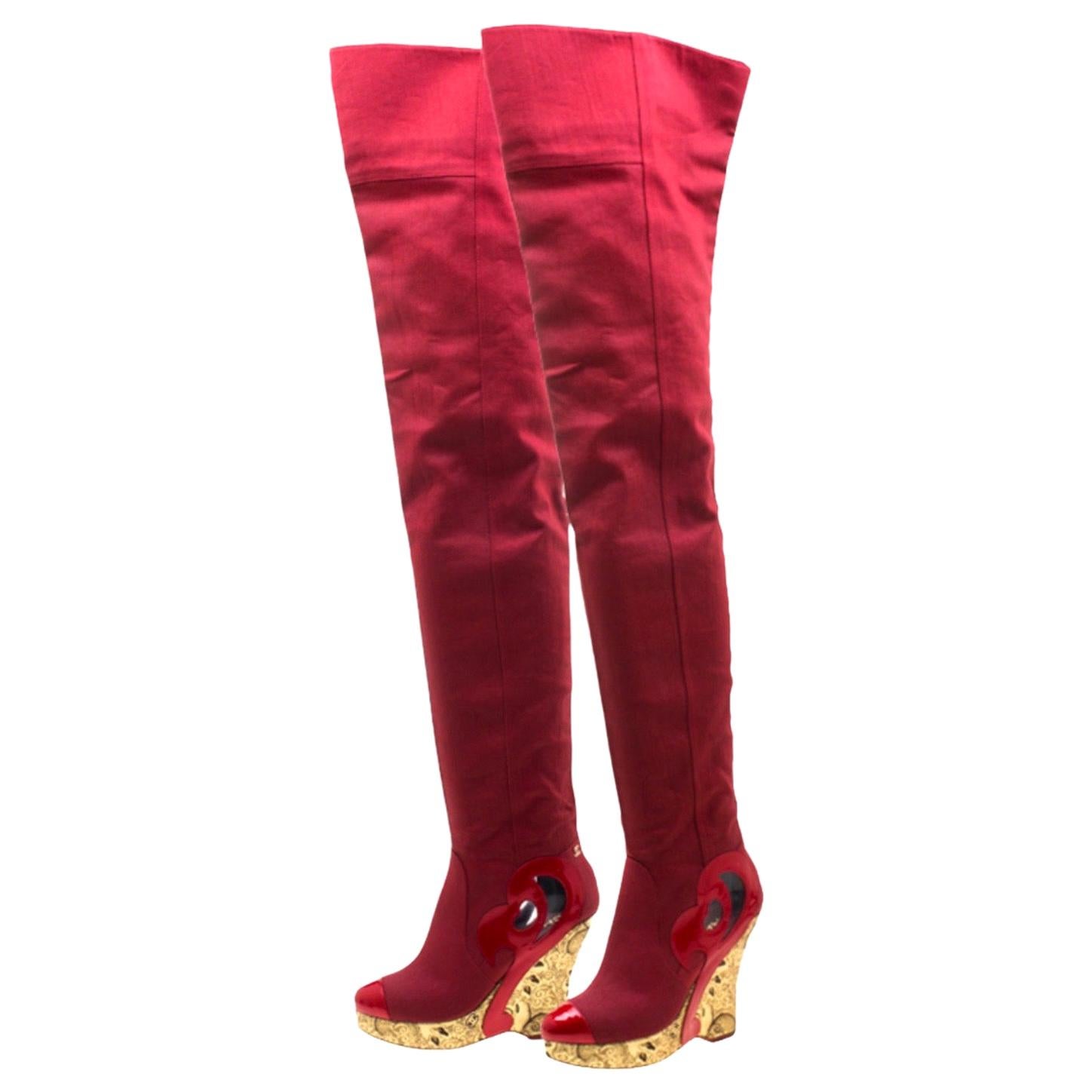 NEW Chanel Red Thigh High Fabric CC Logo Intarsia Wedge High Heeled Boots