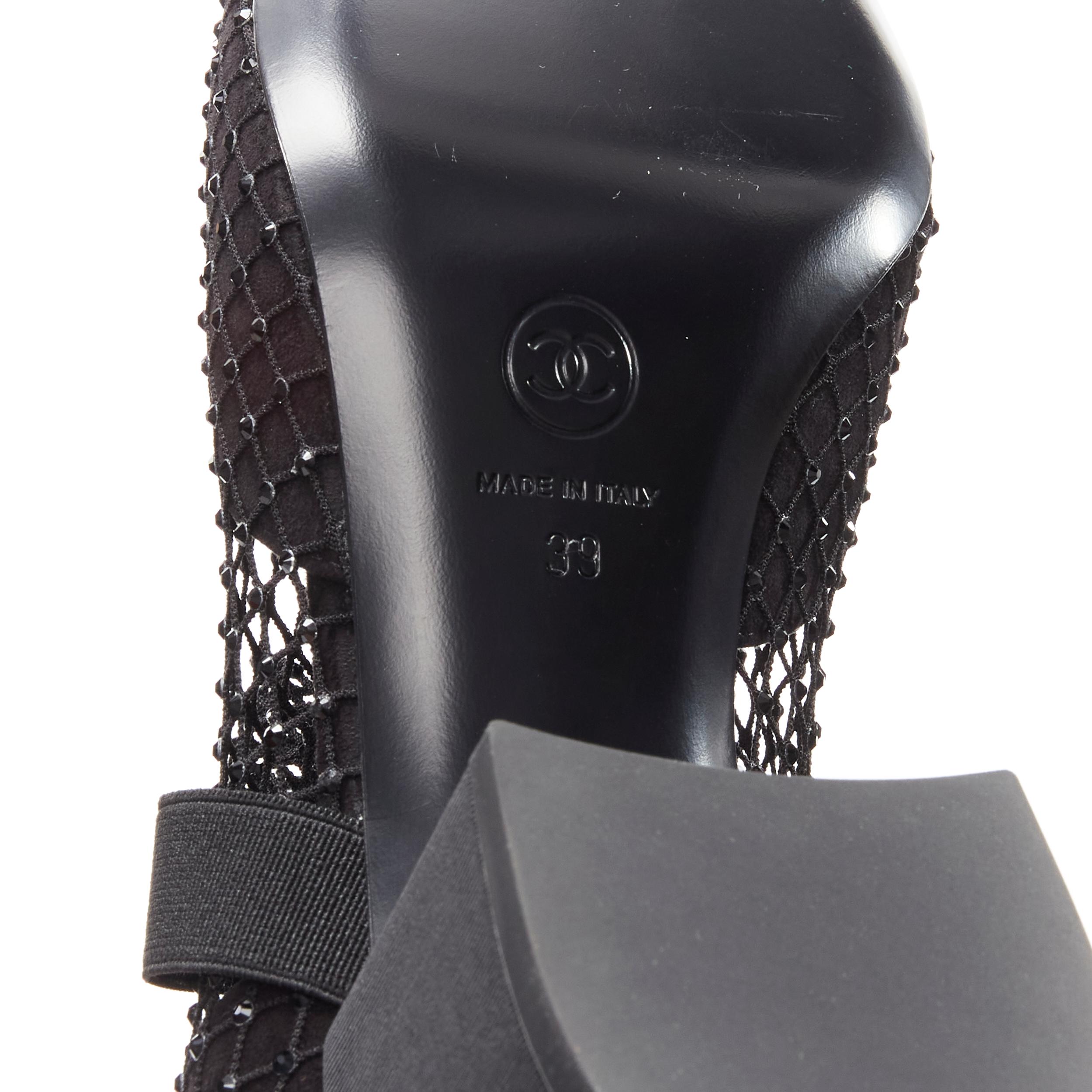 new CHANEL Runway  crystal embellished bow CC pearl fishnet chunky heels EU39 7