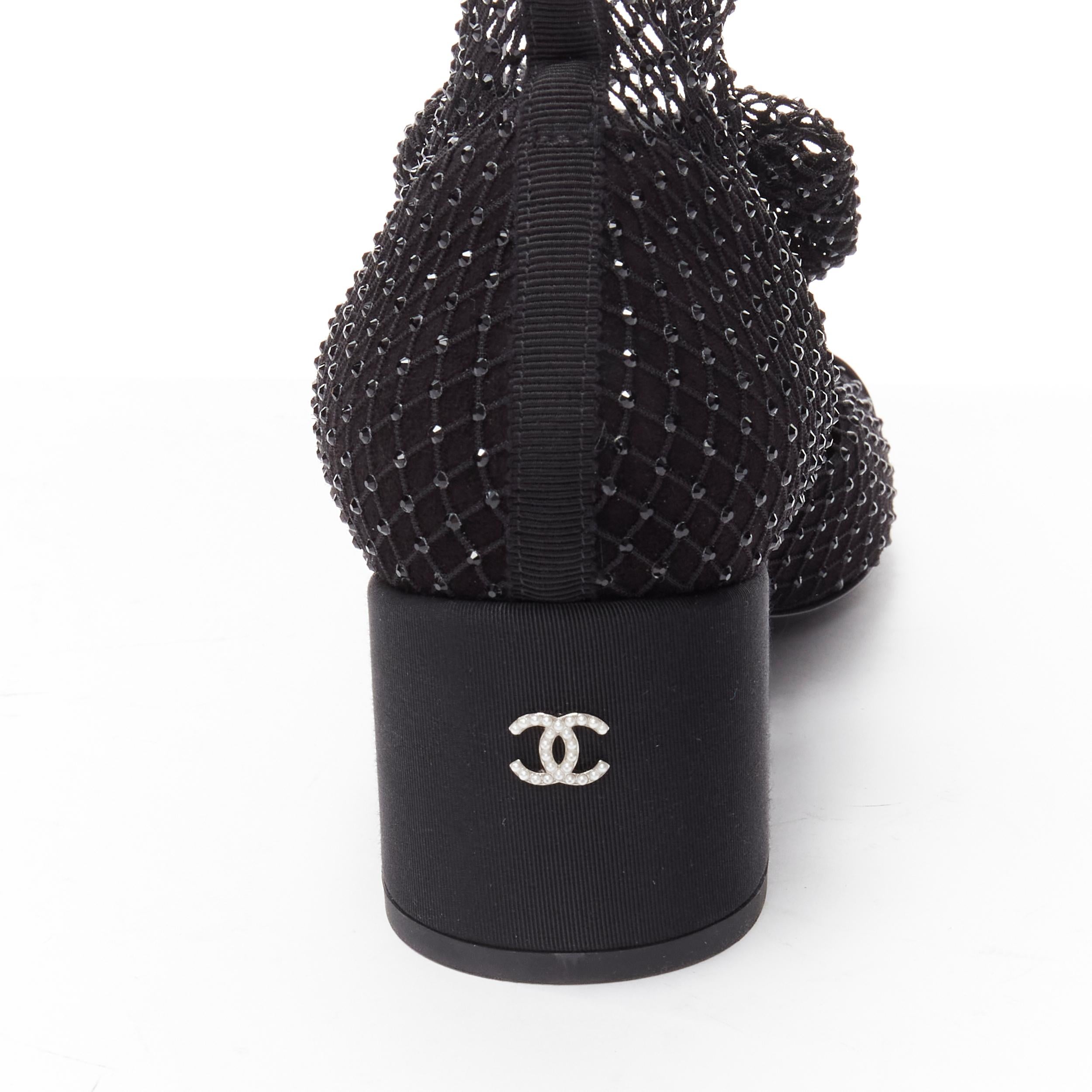 new CHANEL Runway  crystal embellished bow CC pearl fishnet chunky heels EU39 4