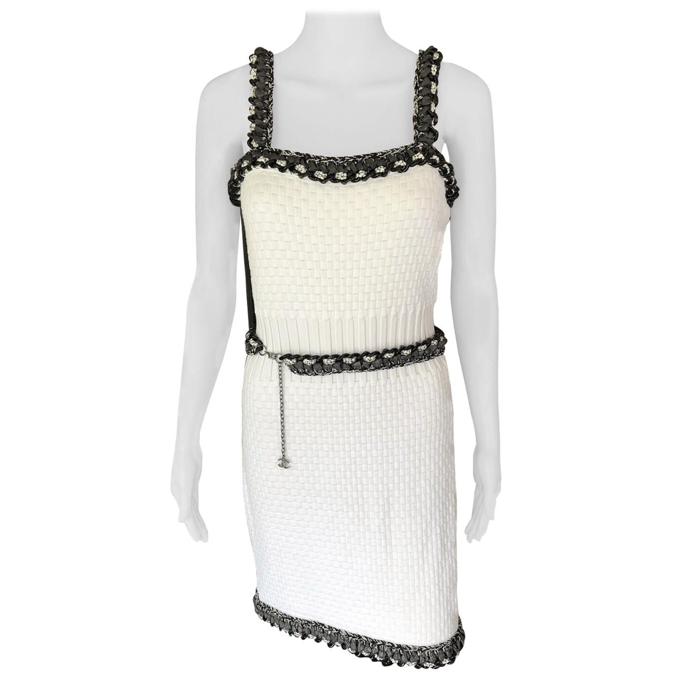 New Chanel S/S 2014 Runway Knit Chain Embellished Trim White Mini Dress
