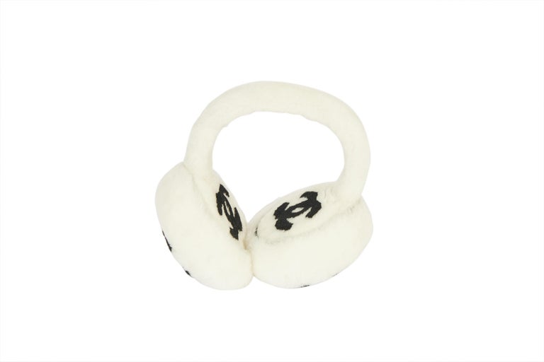 New Chanel Shearling White Black Logo Ear Muffs in Box at 1stDibs