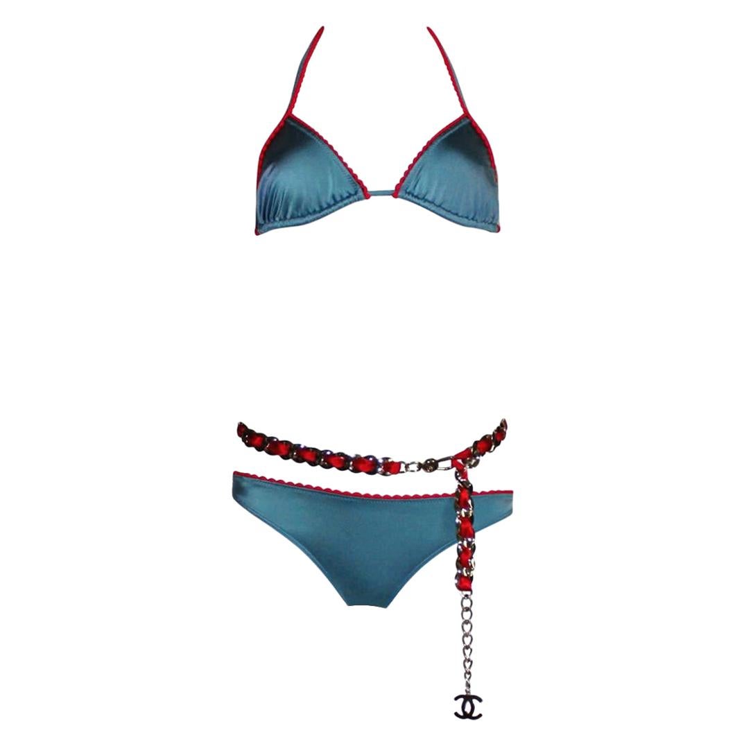 NEW Chanel Signature Bicolor Trigangle Bikini Swimsuit Set 38