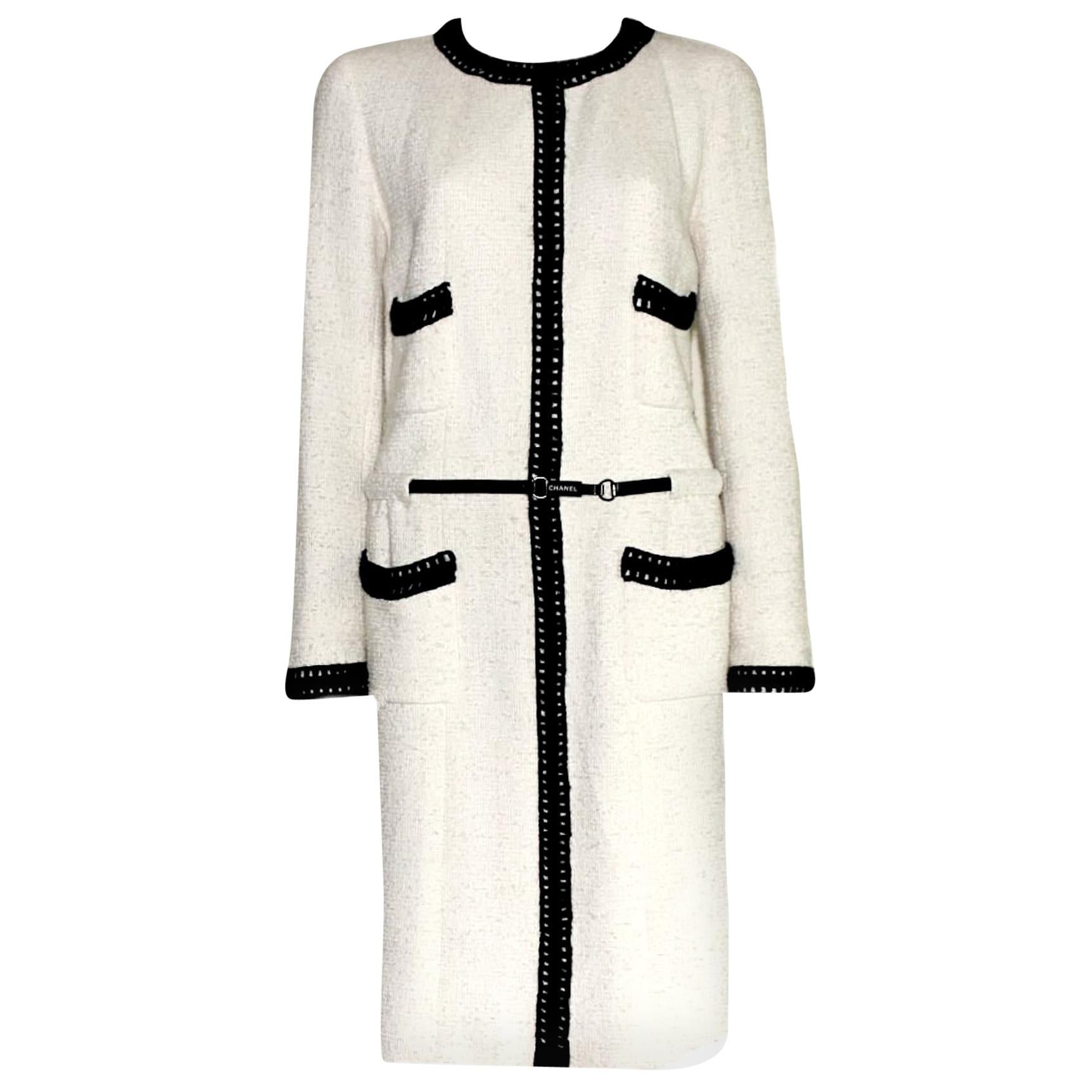 NEW Chanel Signature Tweed White and Black Coat with "CHANEL" Belt and CC Logo
