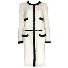 NEW Chanel Signature Tweed White and Black Coat with "CHANEL" Belt and CC Logo